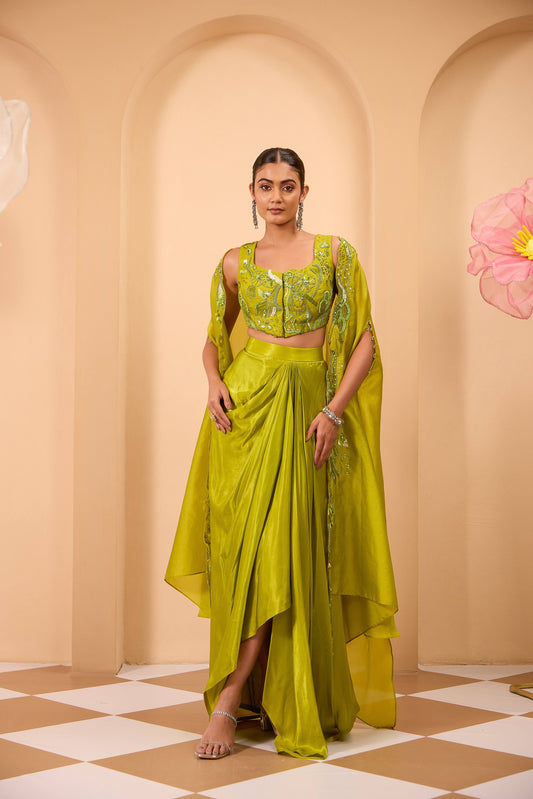 Hand Embroidered Waistcoat with Drape Skirt & Cape