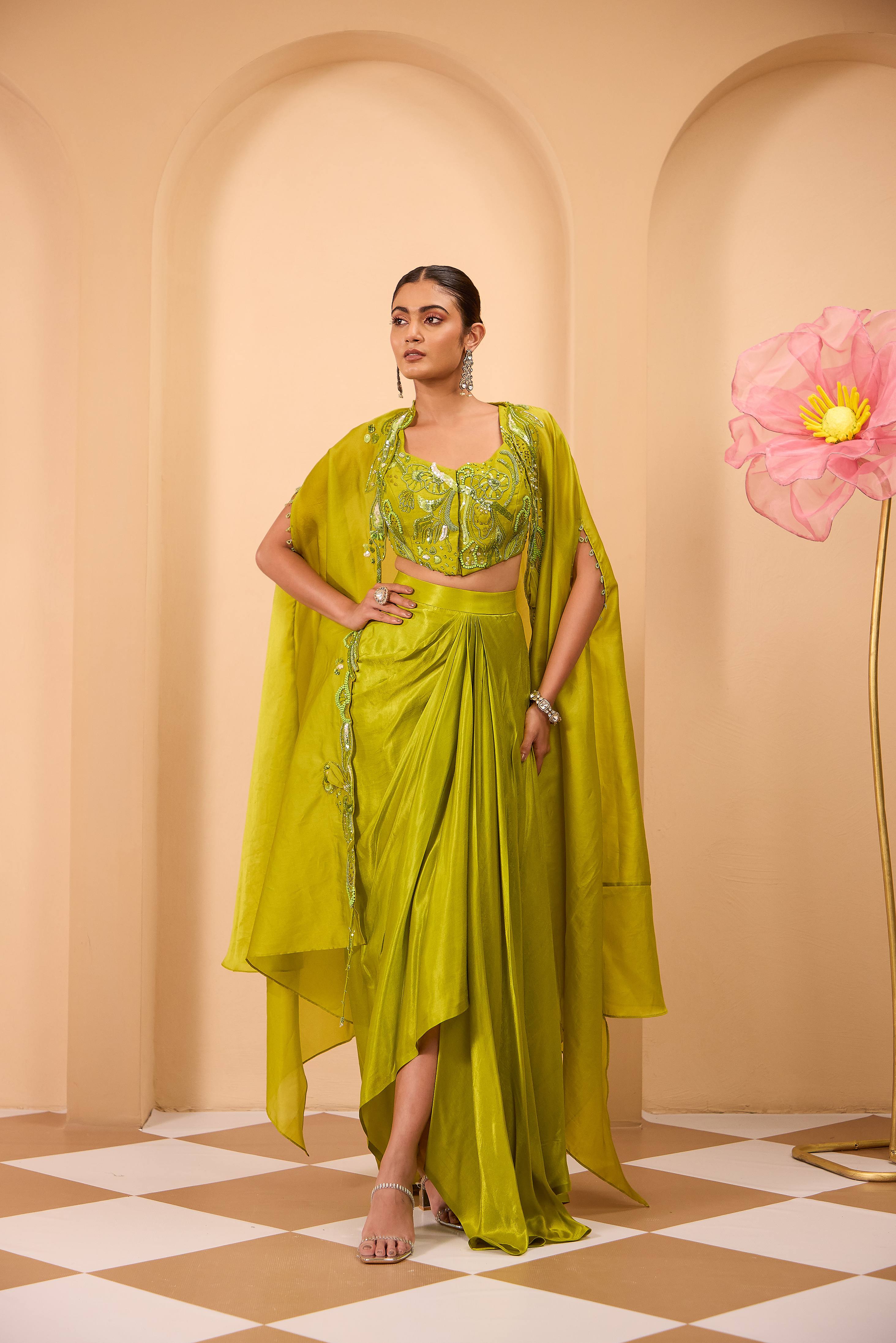 Hand Embroidered Waistcoat with Drape Skirt & Cape