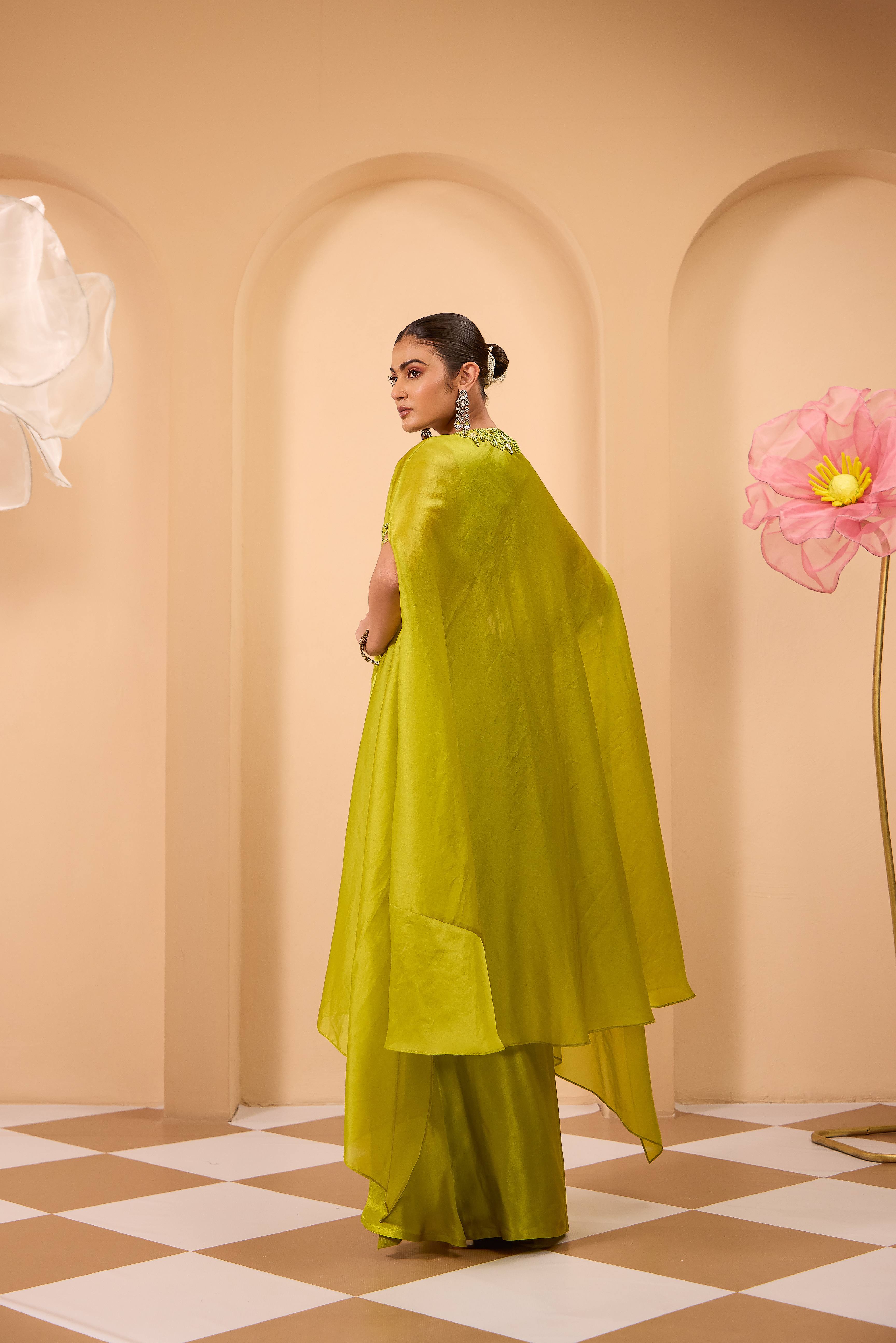 Hand Embroidered Waistcoat with Drape Skirt & Cape