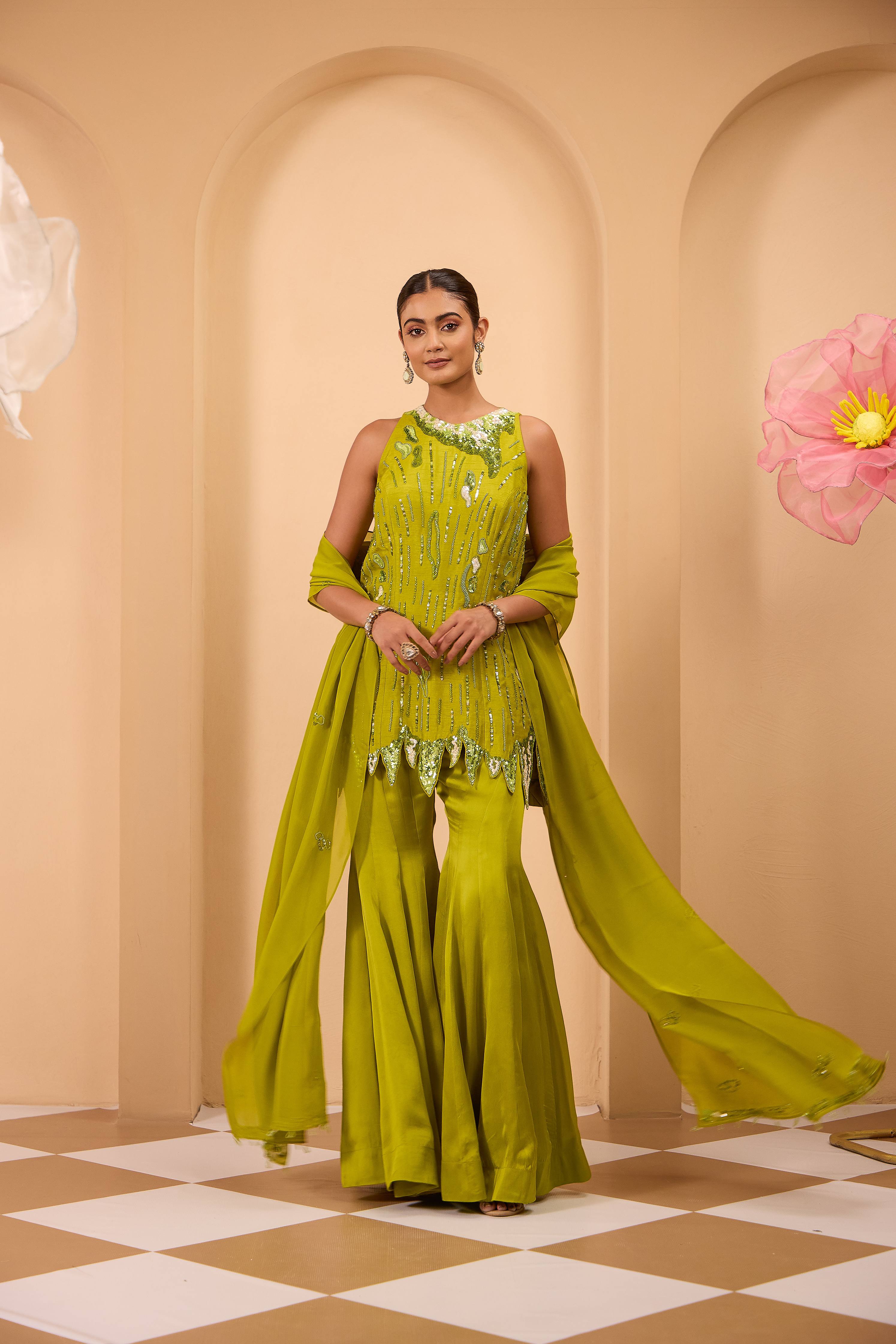 Lime Heavy Embroidered Tunic with Sharara & Flowy Dupatta