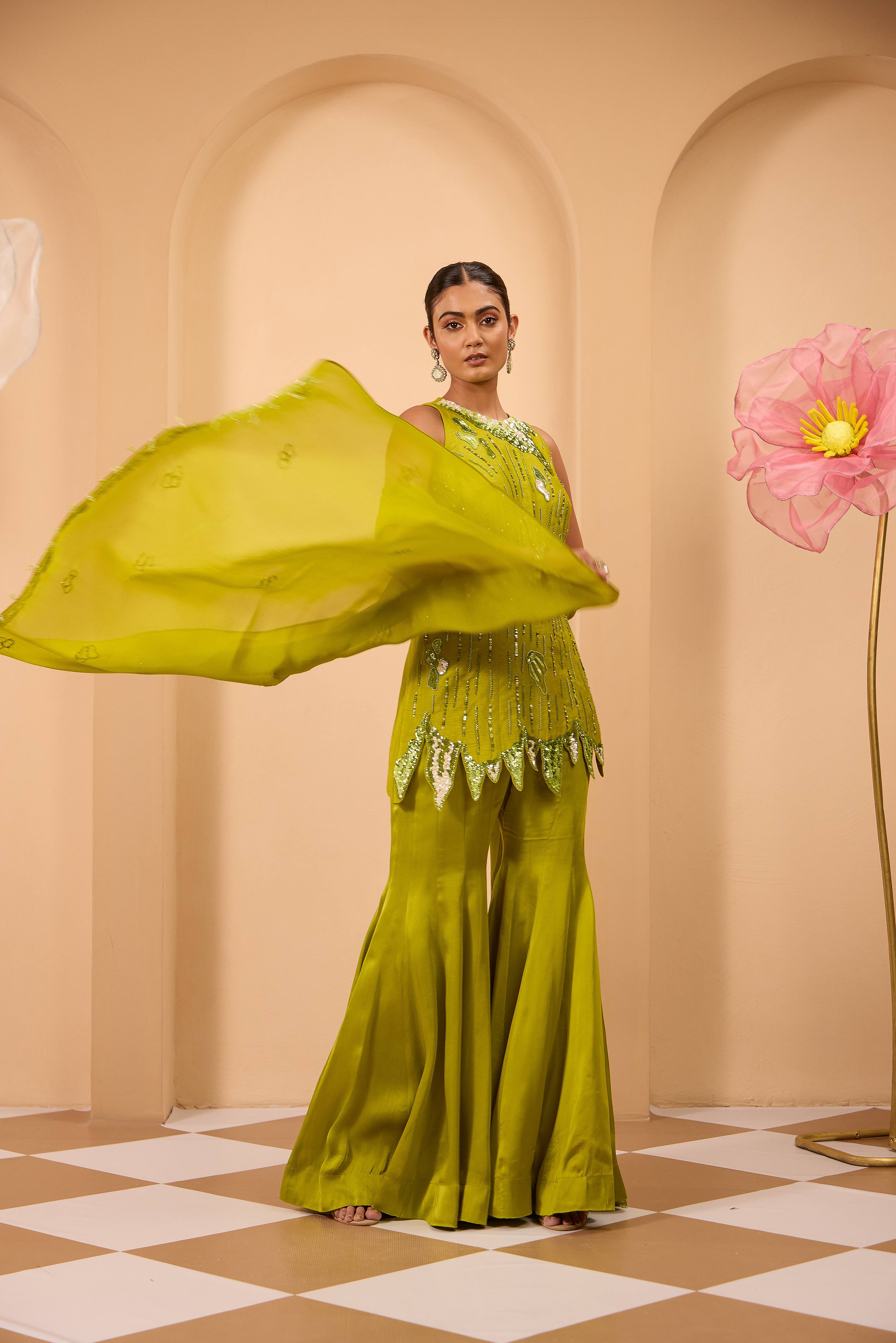 Lime Heavy Embroidered Tunic with Sharara & Flowy Dupatta