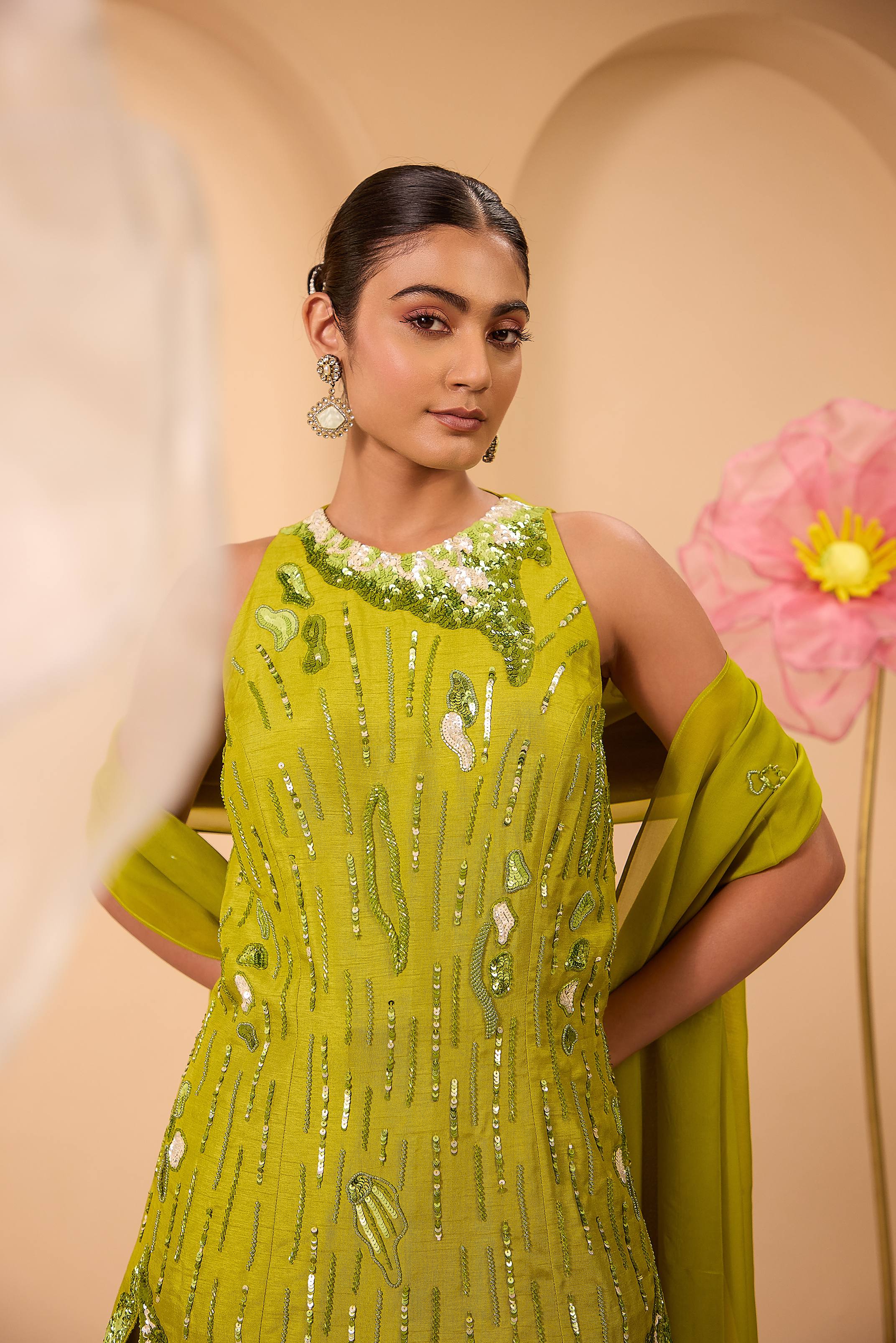 Lime Heavy Embroidered Tunic with Sharara & Flowy Dupatta