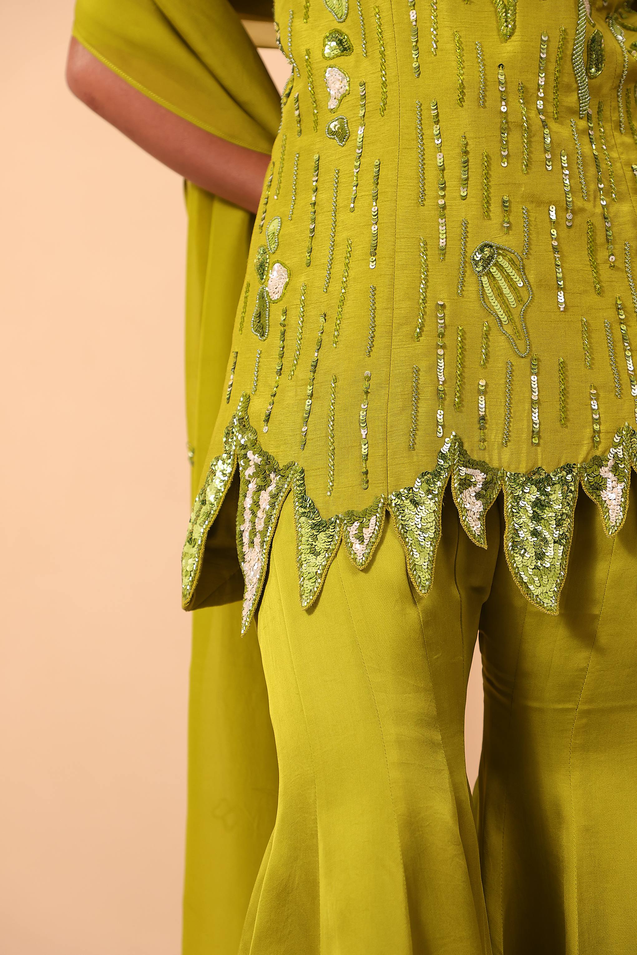 Lime Heavy Embroidered Tunic with Sharara & Flowy Dupatta