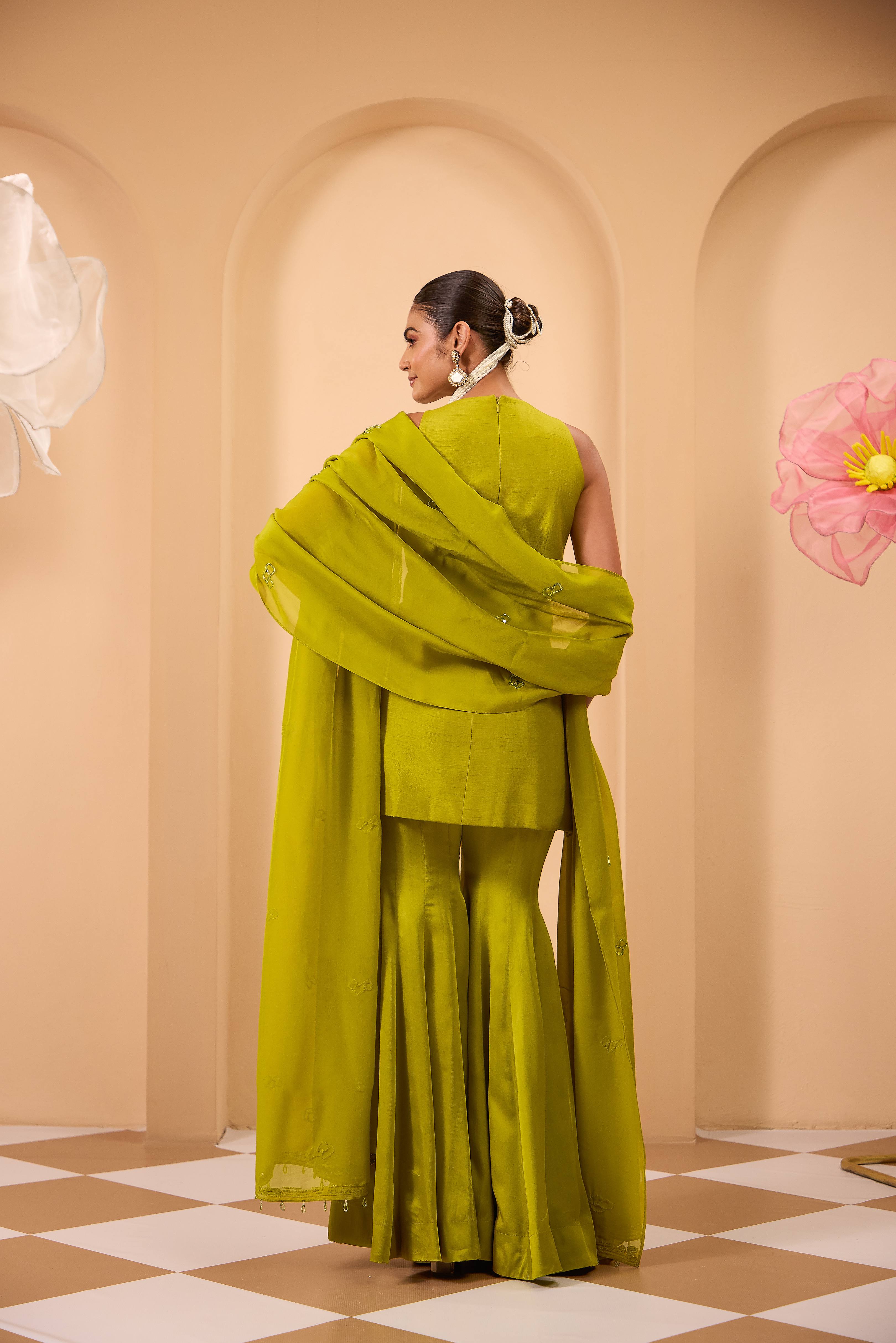 Lime Heavy Embroidered Tunic with Sharara & Flowy Dupatta