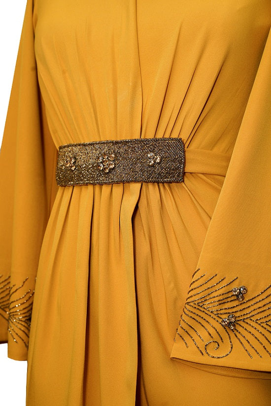 Mustard overlap drape dress