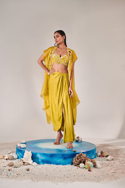 Lime yellow Cutwork cape set With 3d Embroidered Details