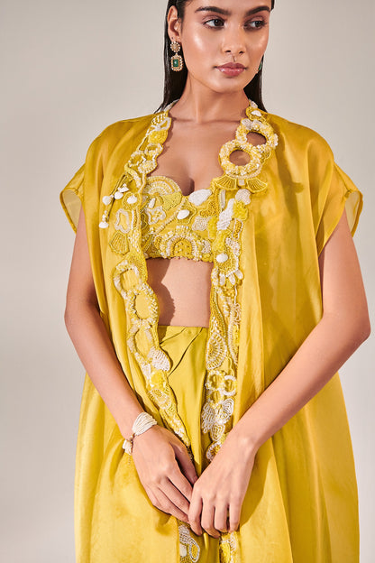 Lime yellow Cutwork cape set With 3d Embroidered Details