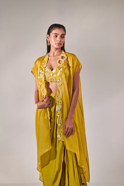 Lime yellow Cutwork cape set With 3d Embroidered Details