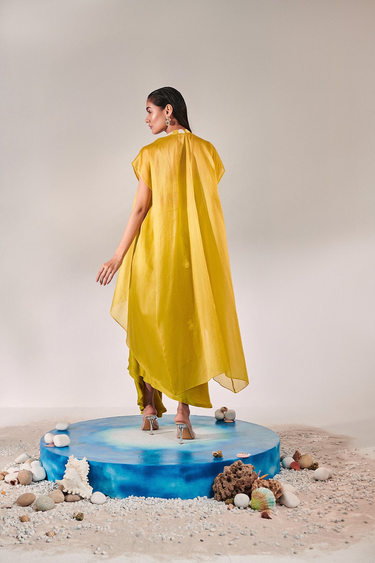 Lime yellow Cutwork cape set With 3d Embroidered Details