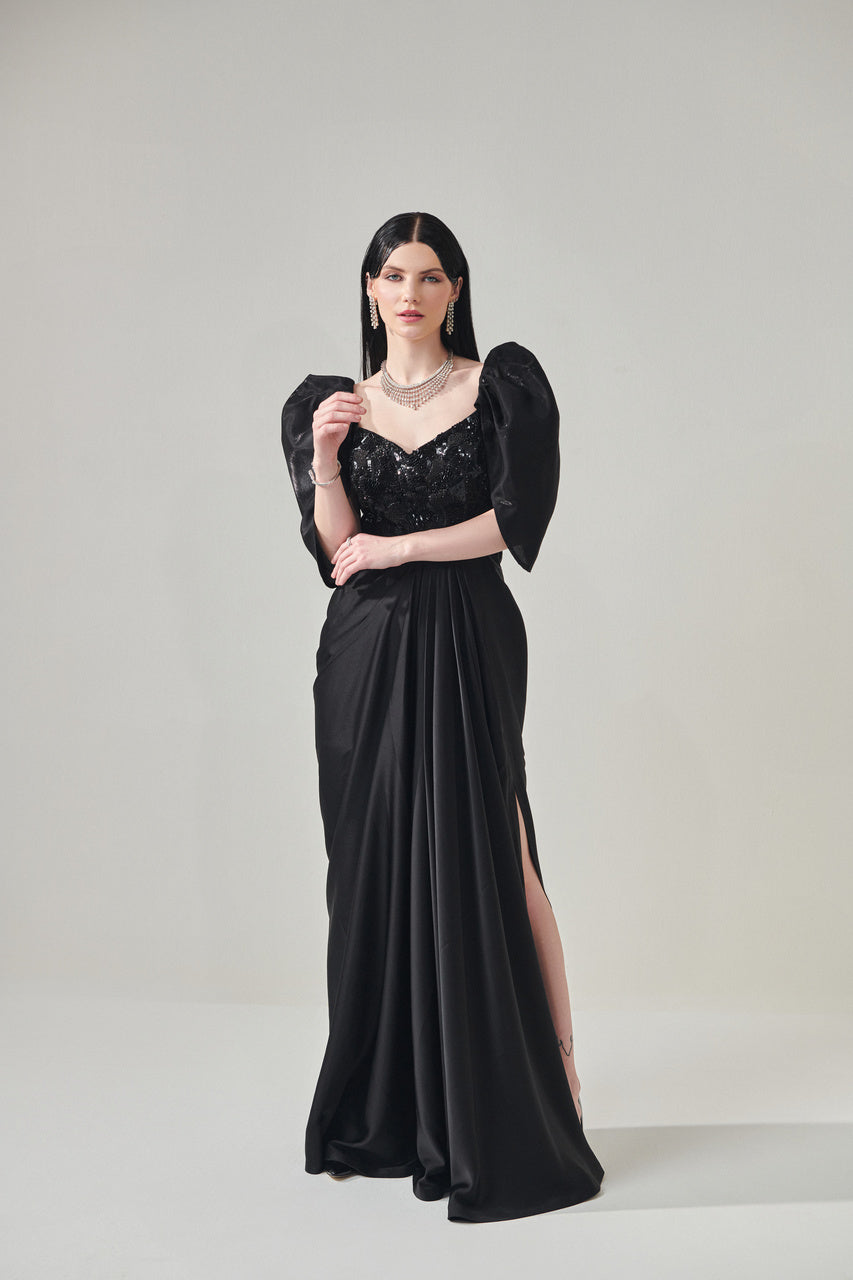 Avantika in Queen Sleeves drape gown with slit