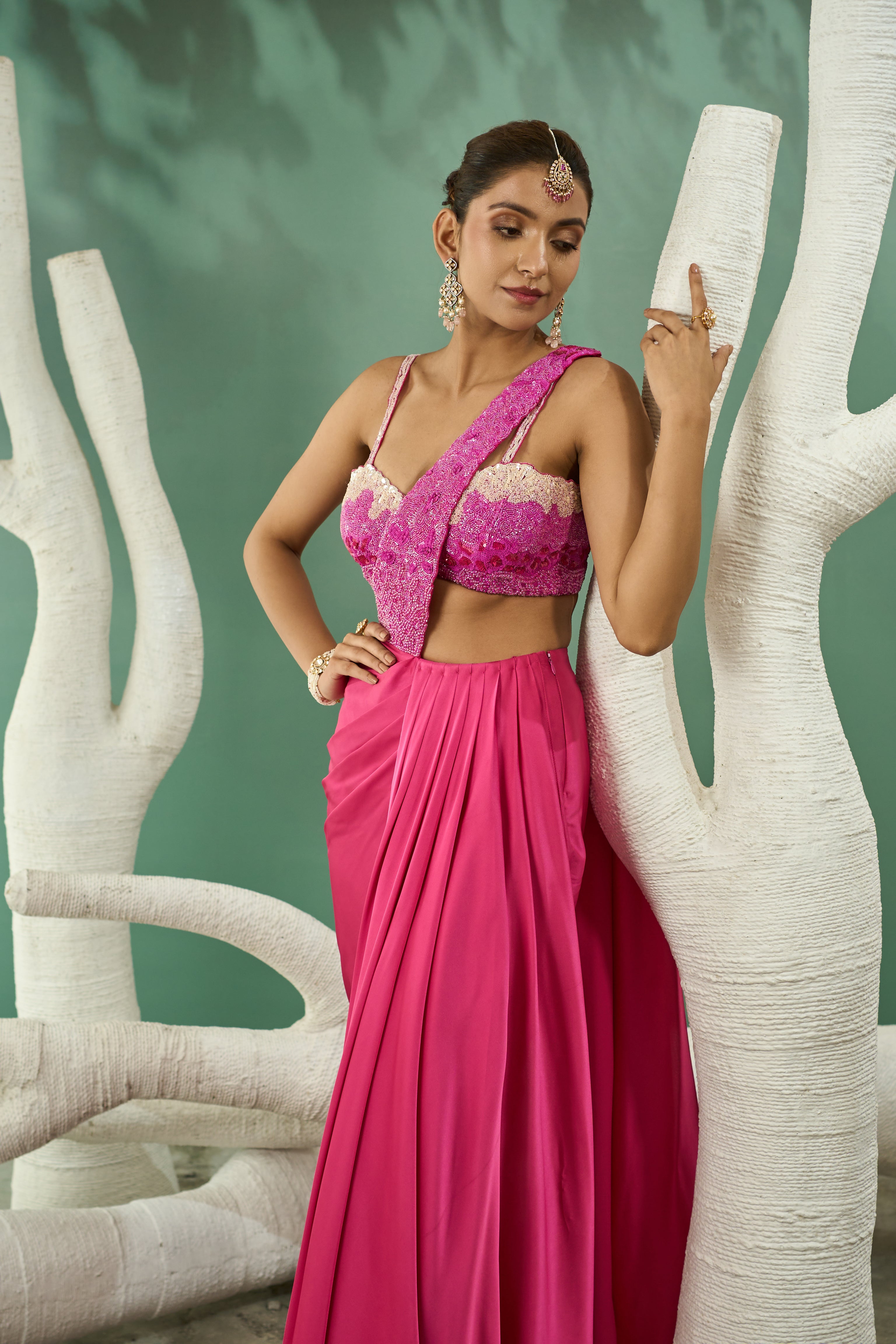 Fuchsia Pink Ombre Drape Saree Set