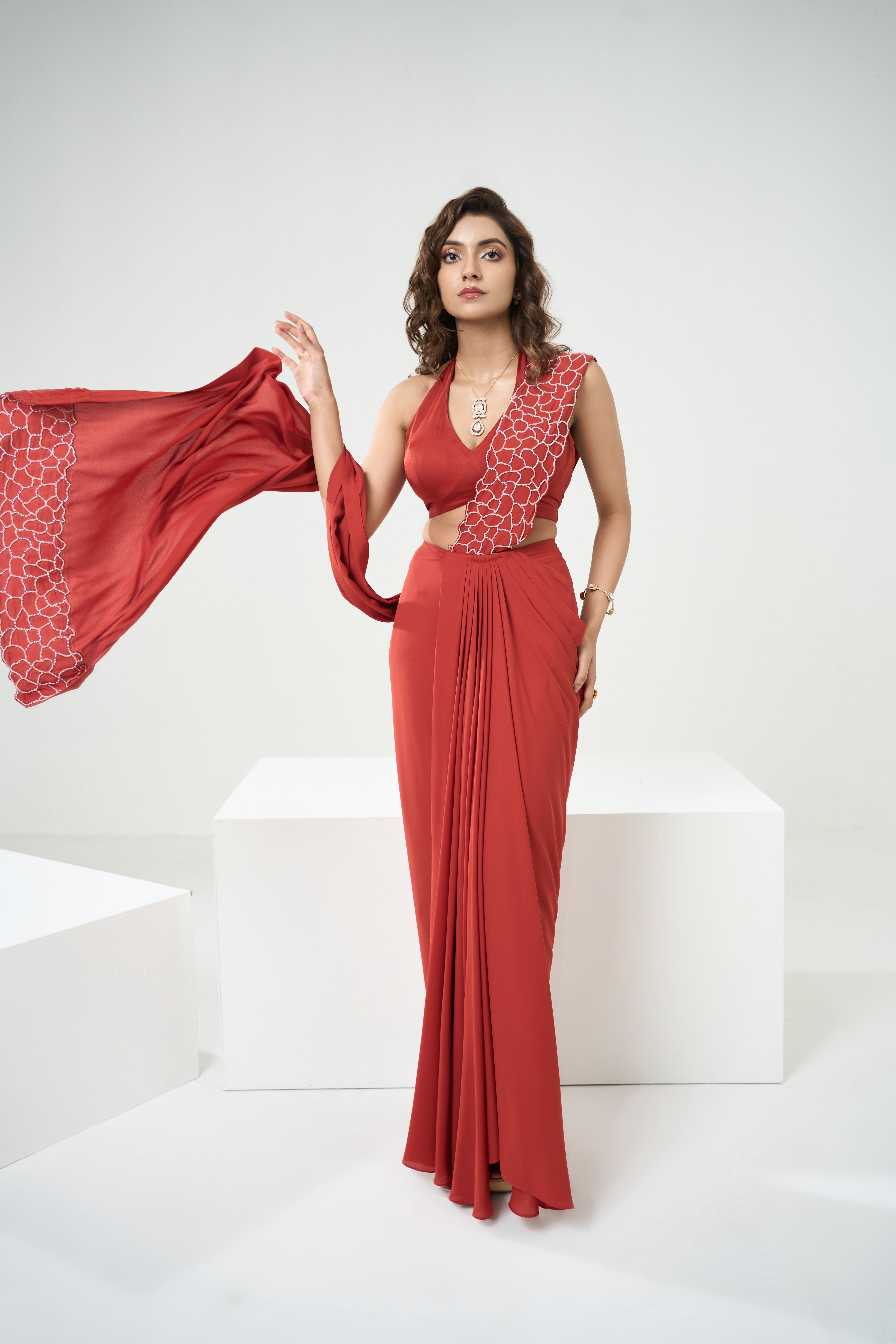 Rust Orange Drape Saree Set