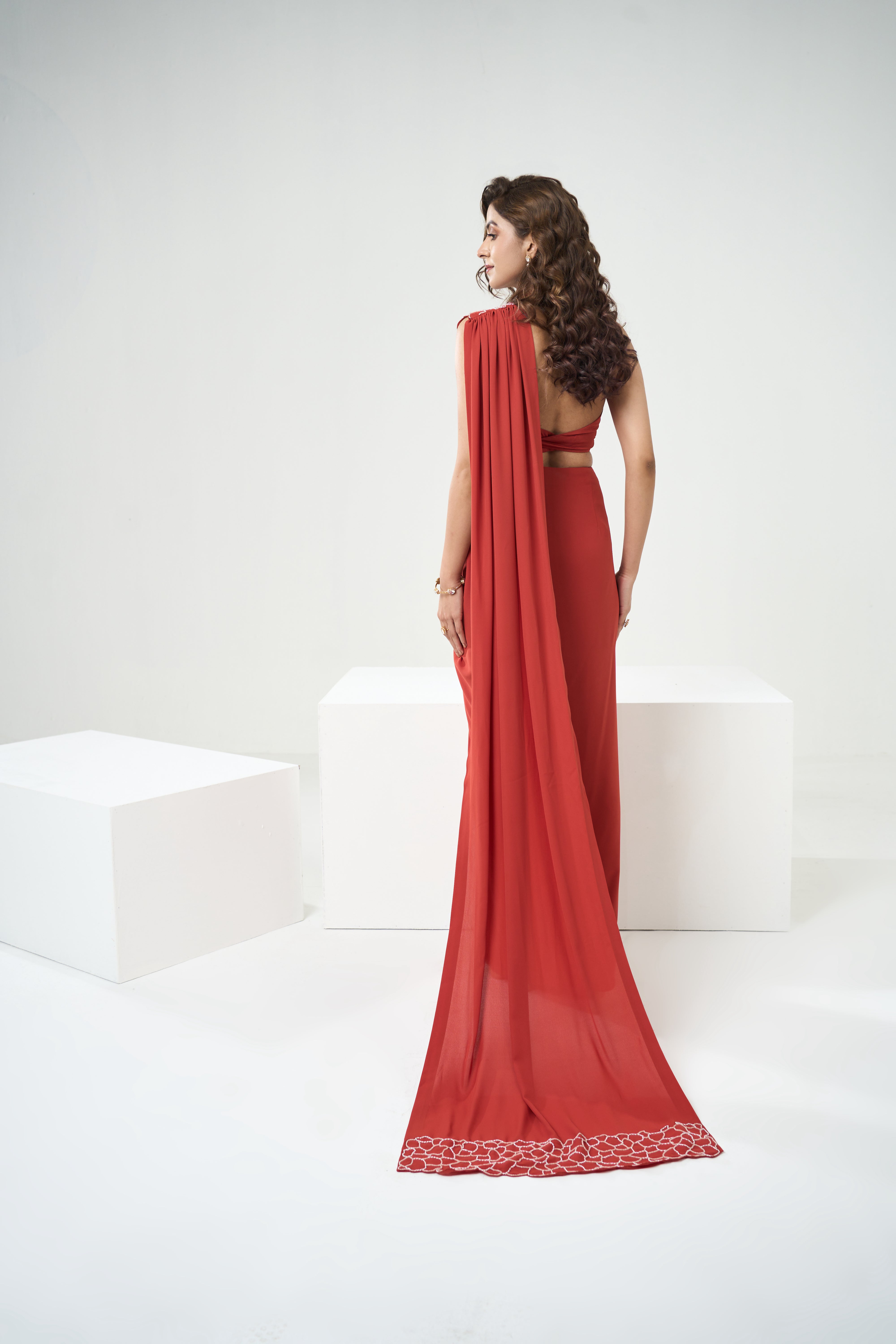 Rust Orange Drape Saree Set