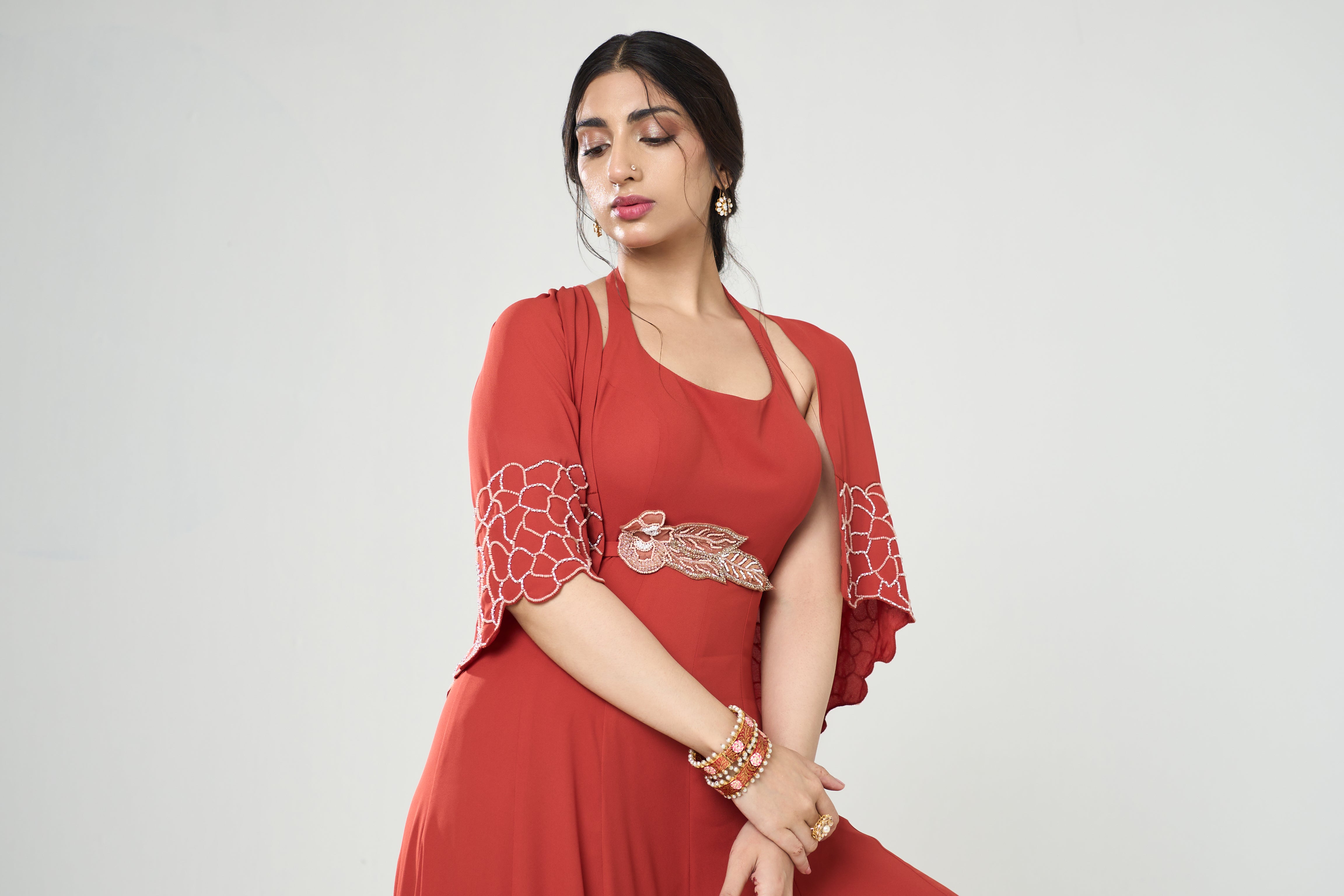 Rust Orange Jumpsuit With Short Cape