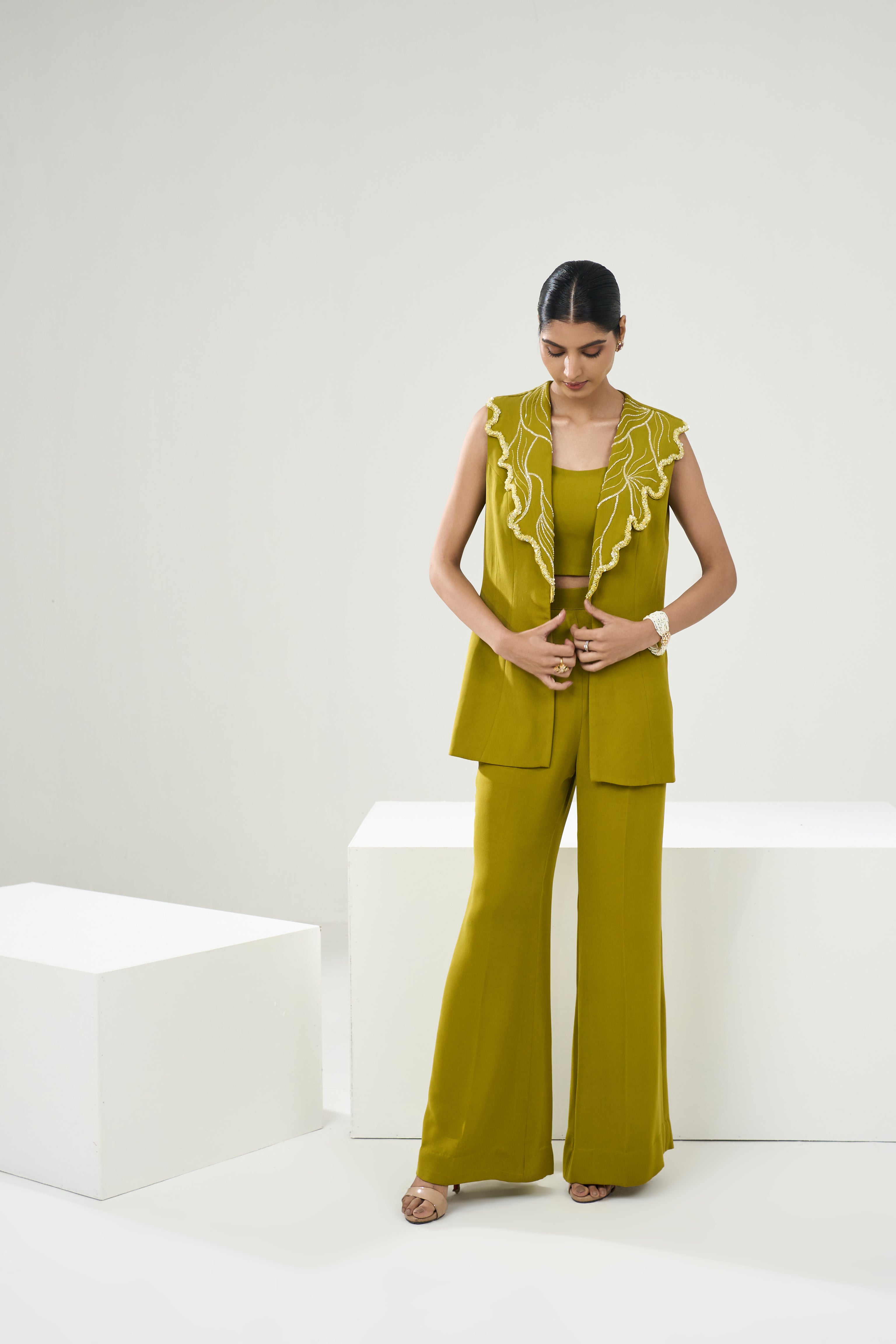 Lime Green Sleeveless Blazer Set