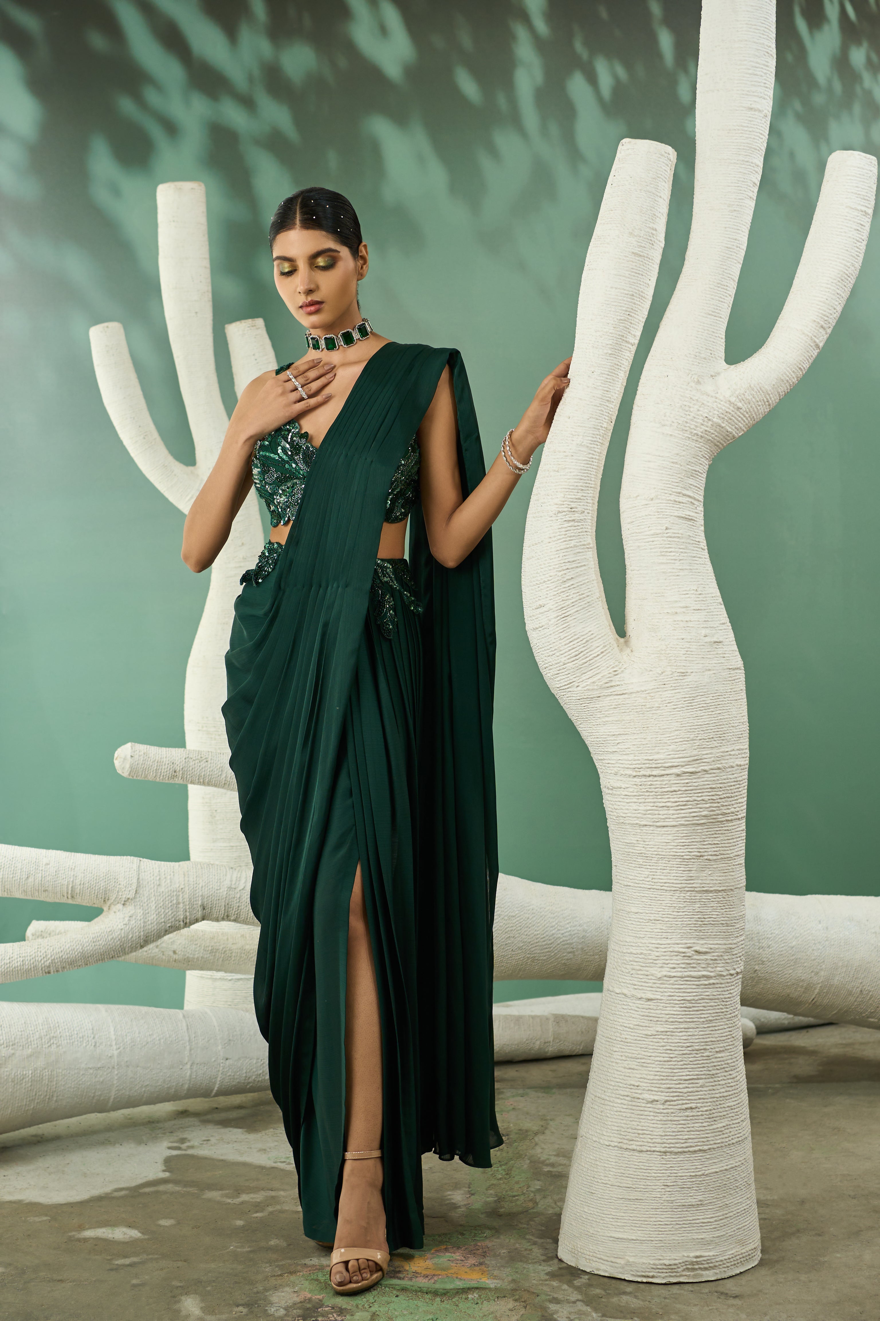 Emerald Green Cutwork Drape Saree Set