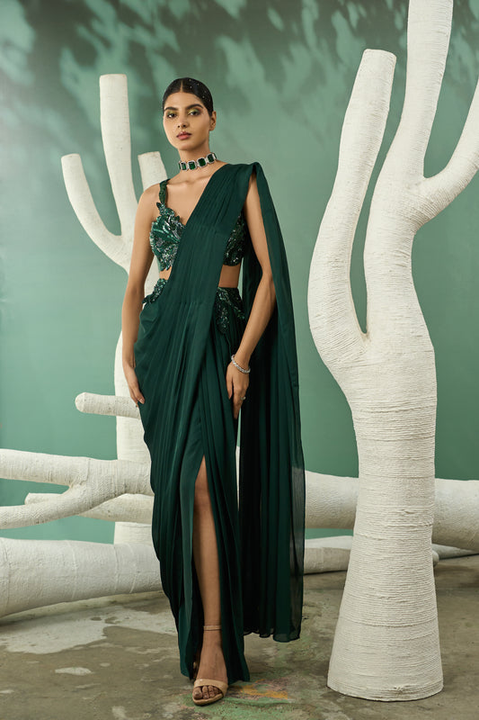 Emerald Green Cutwork Drape Saree Set
