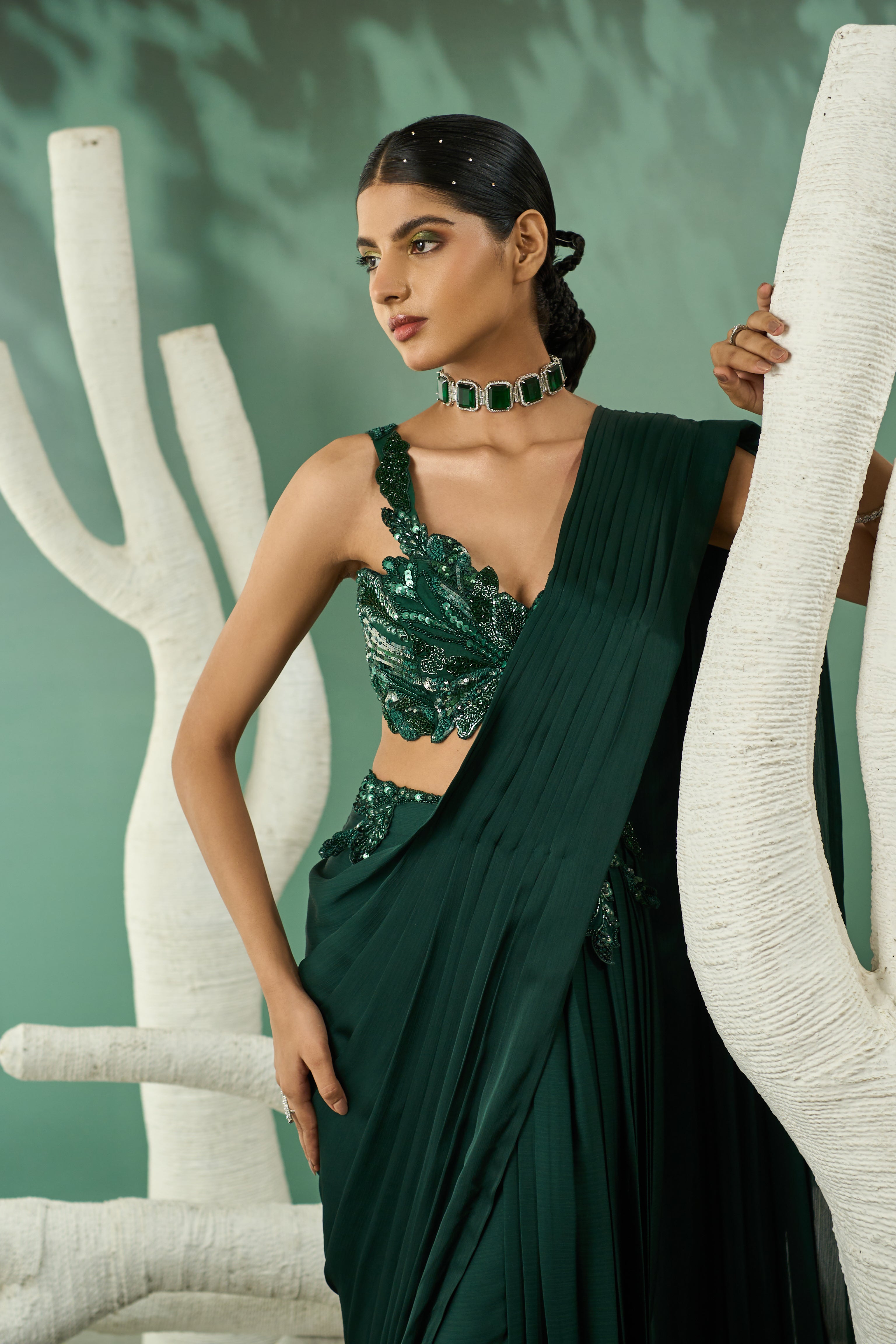 Emerald Green Cutwork Drape Saree Set