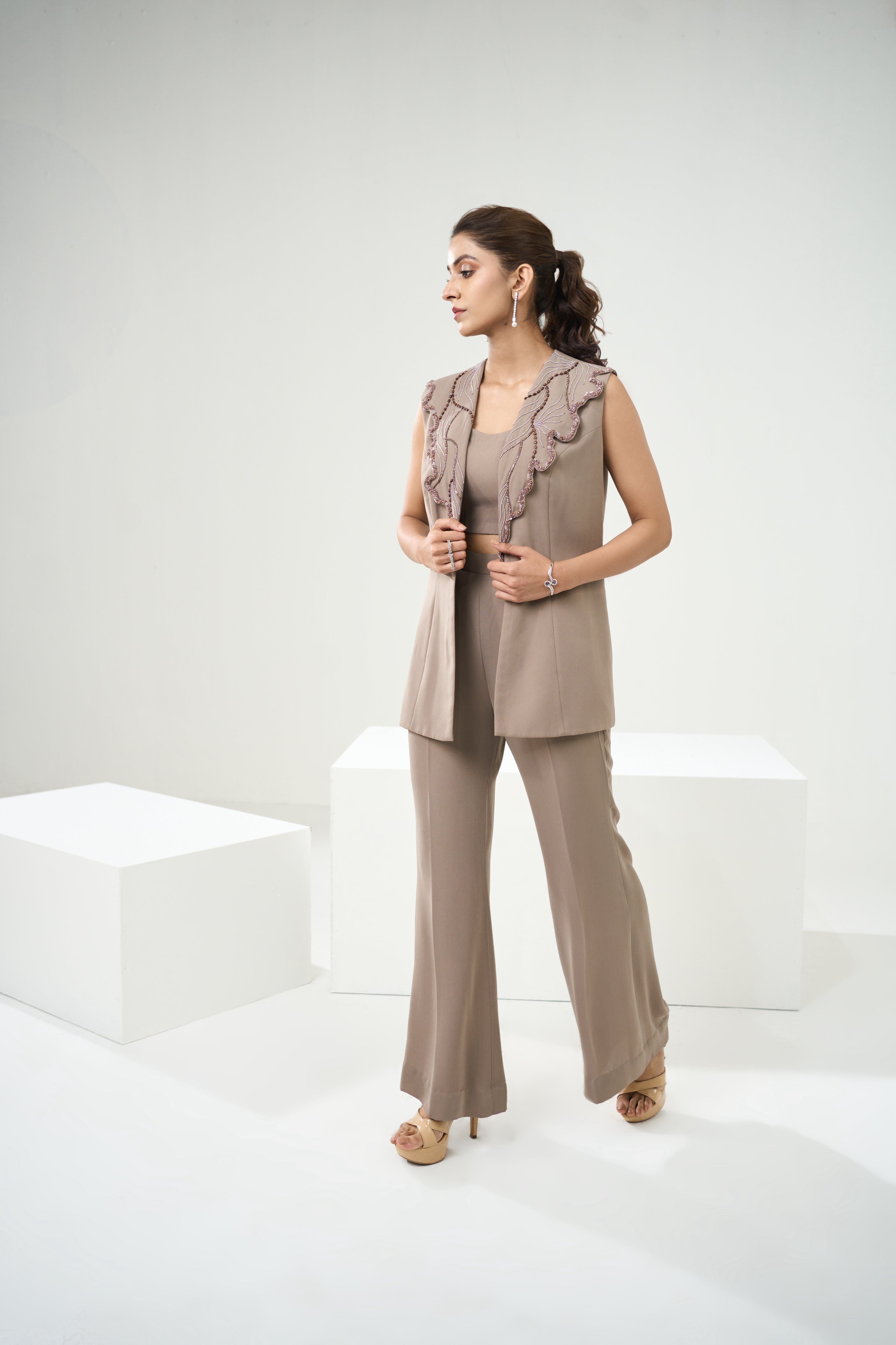 Stone Grey Sleeveless Blazer Set