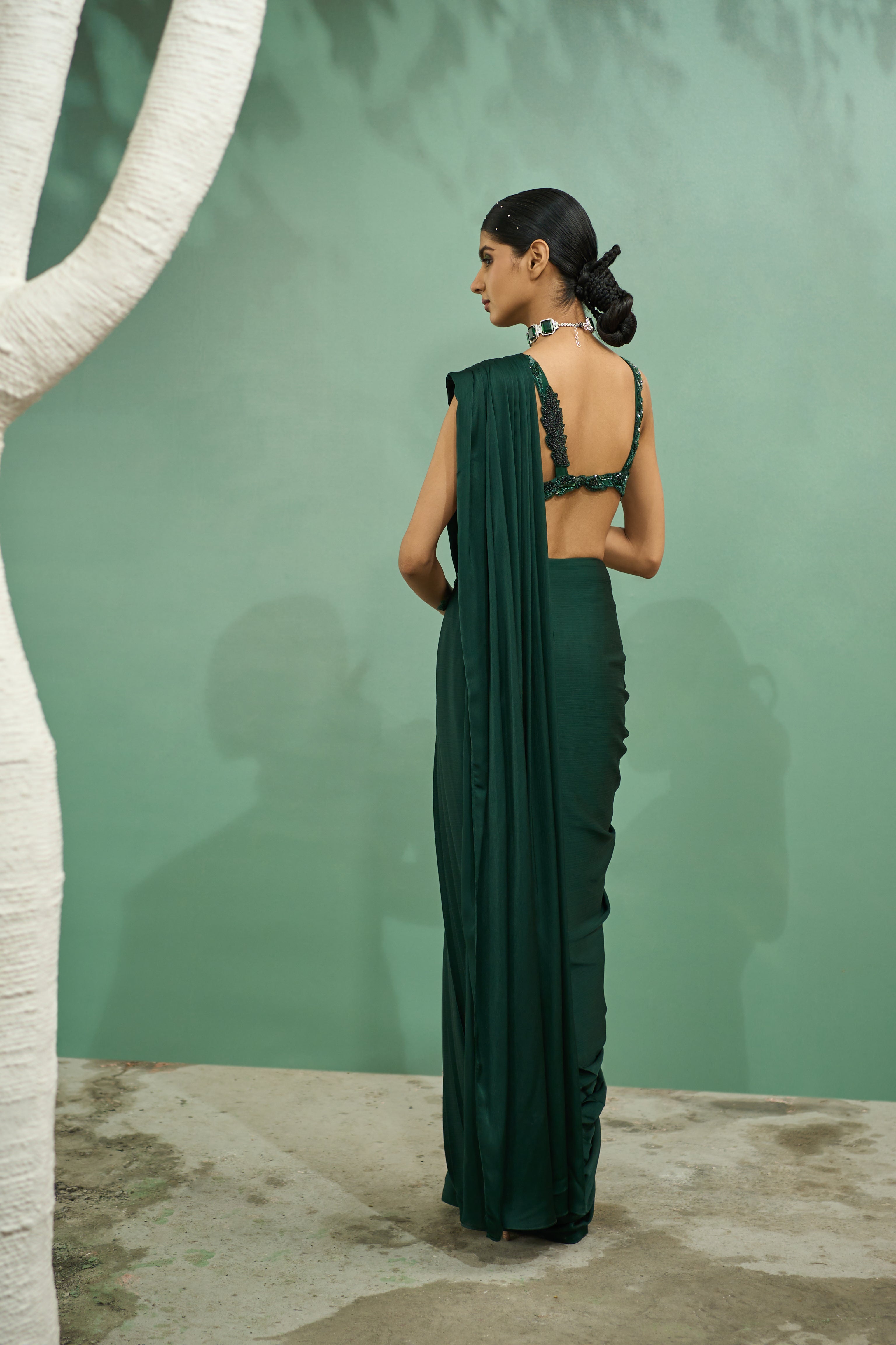 Emerald Green Cutwork Drape Saree Set