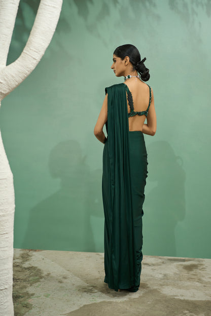 Emerald Green Cutwork Drape Saree Set