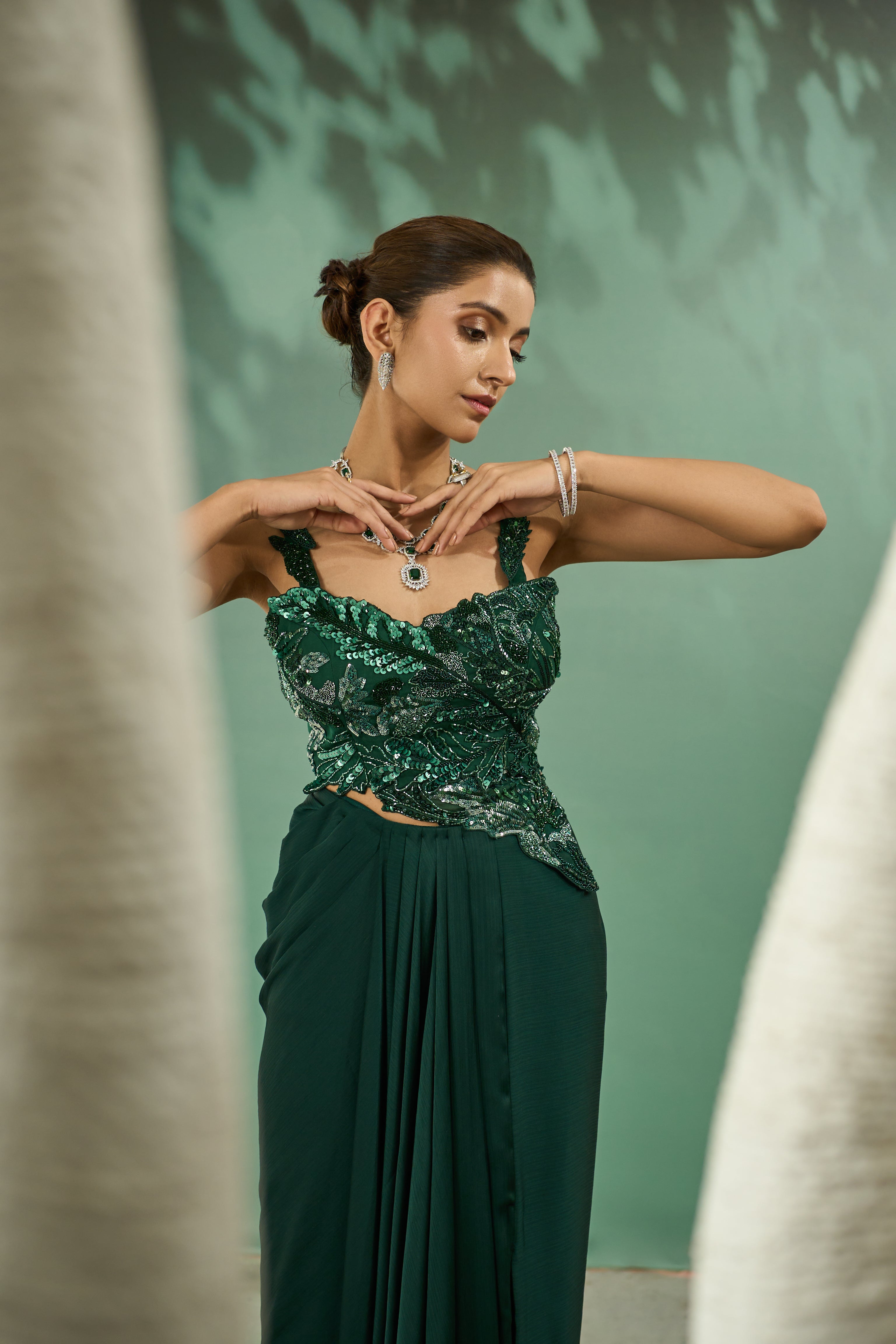 Emerald Green Cutwork Top And Drape Skirt Set