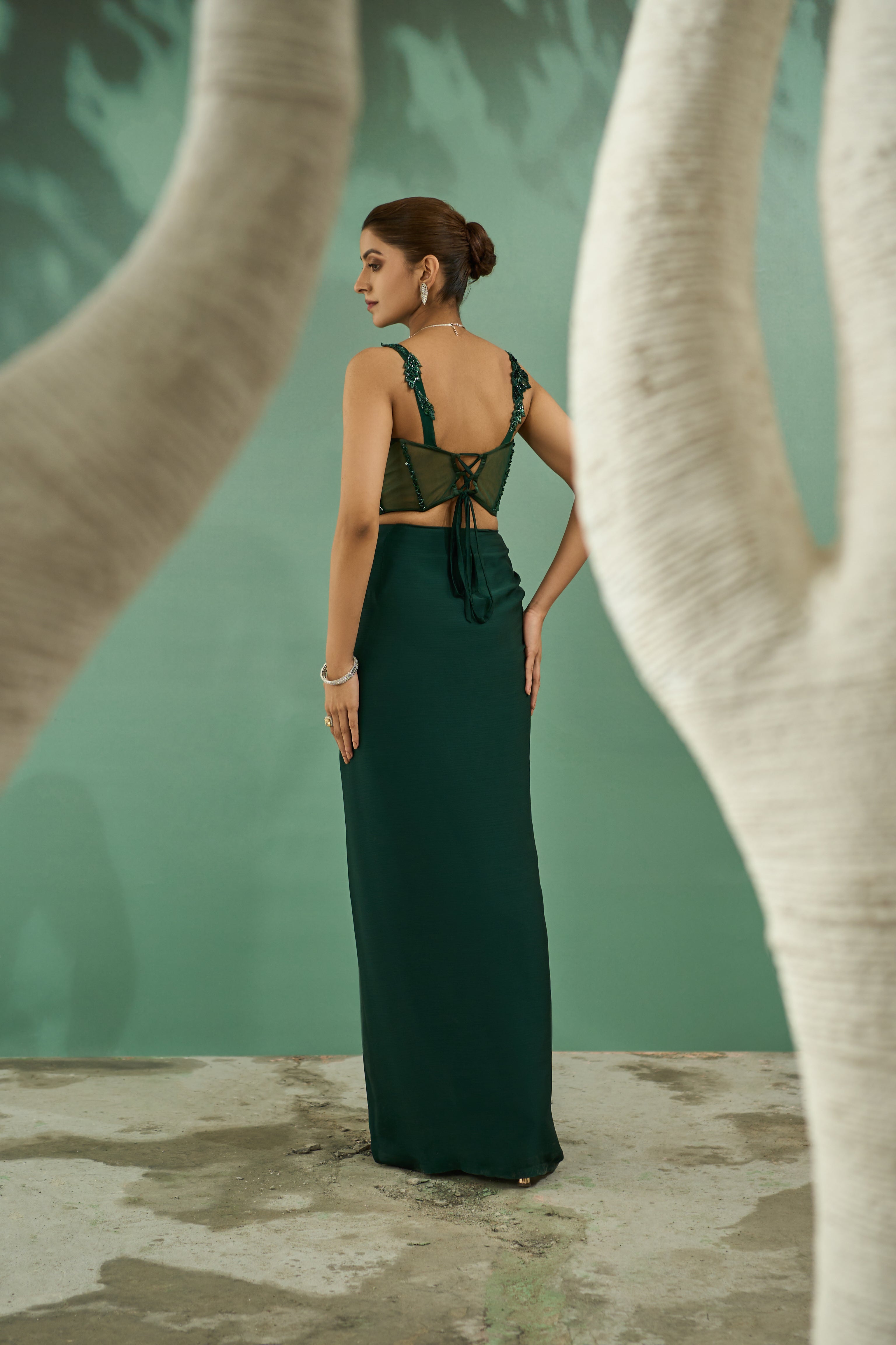 Emerald Green Cutwork Top And Drape Skirt Set