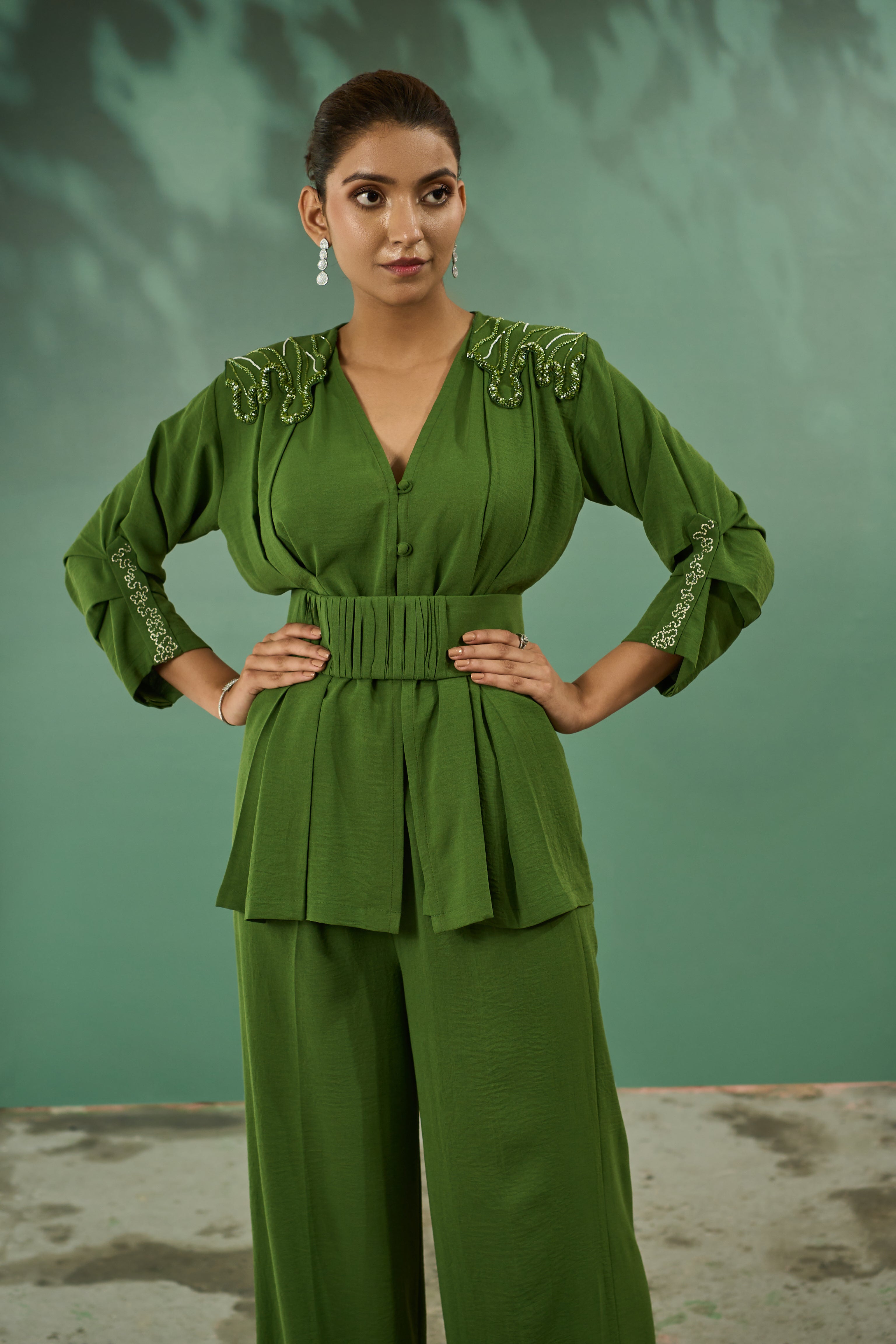 Olive Green Pleated Co Ord Set