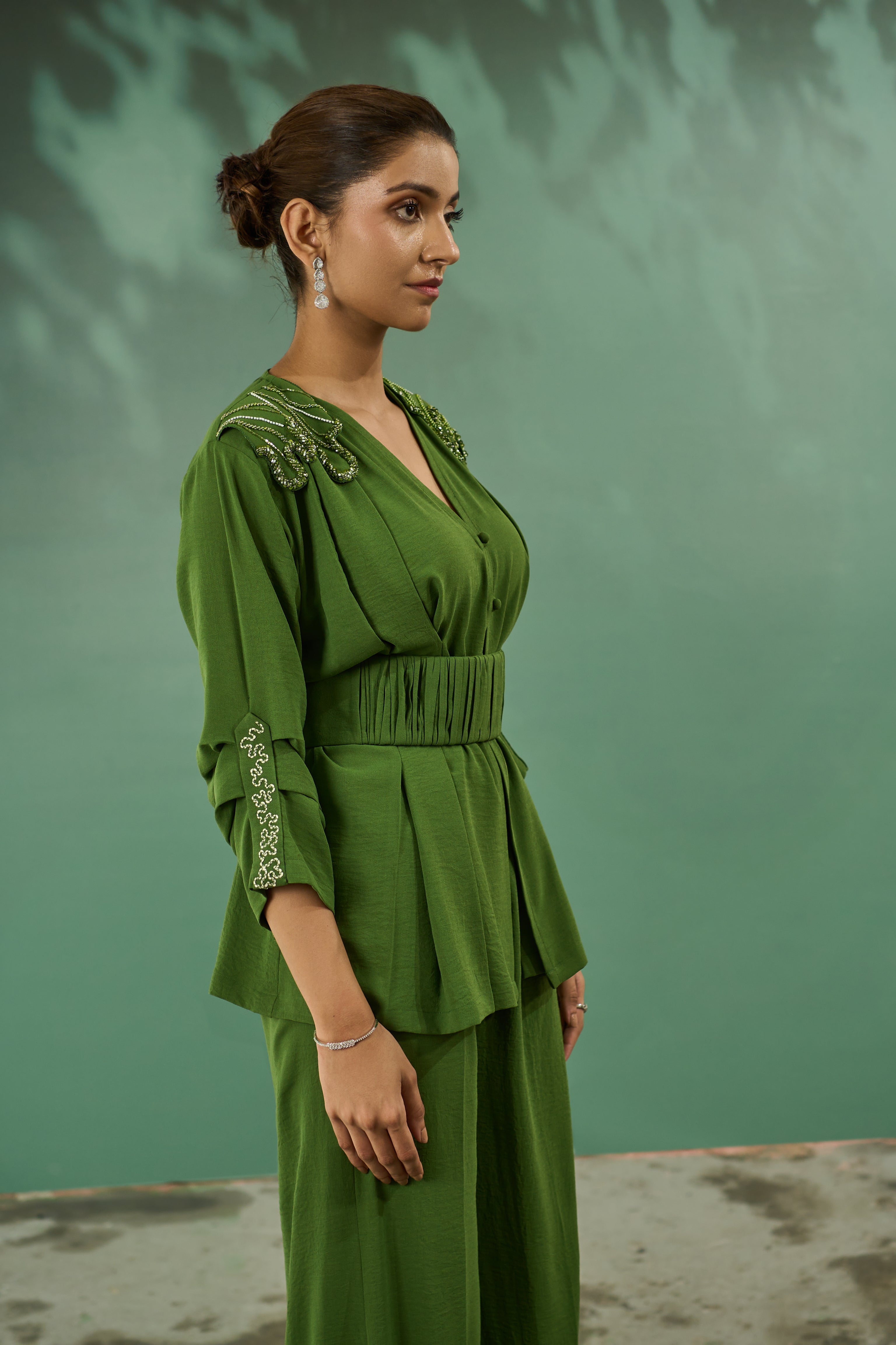 Olive Green Pleated Co Ord Set