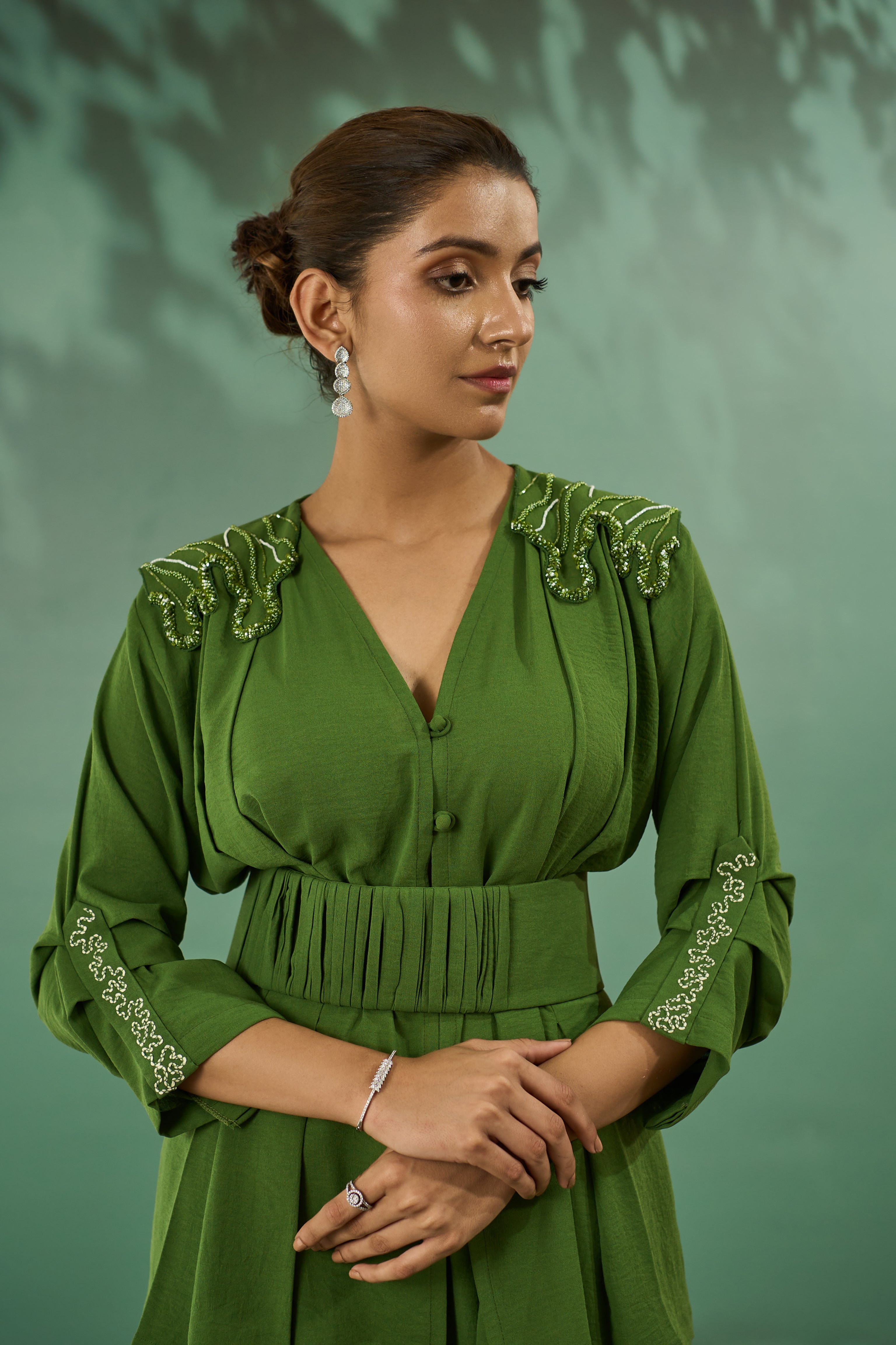 Olive Green Pleated Co Ord Set