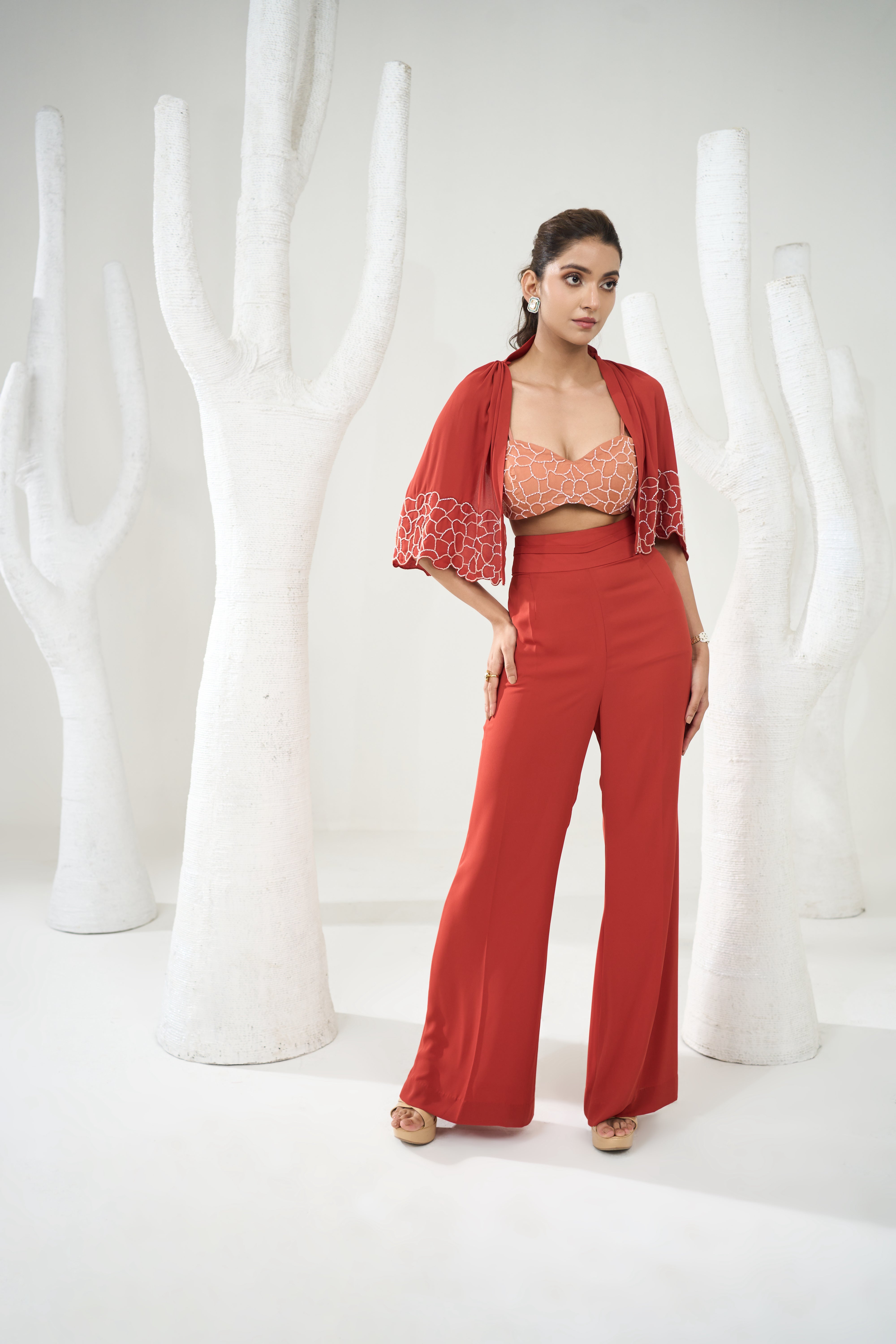 Rust Orange Pants Set With Short Cape