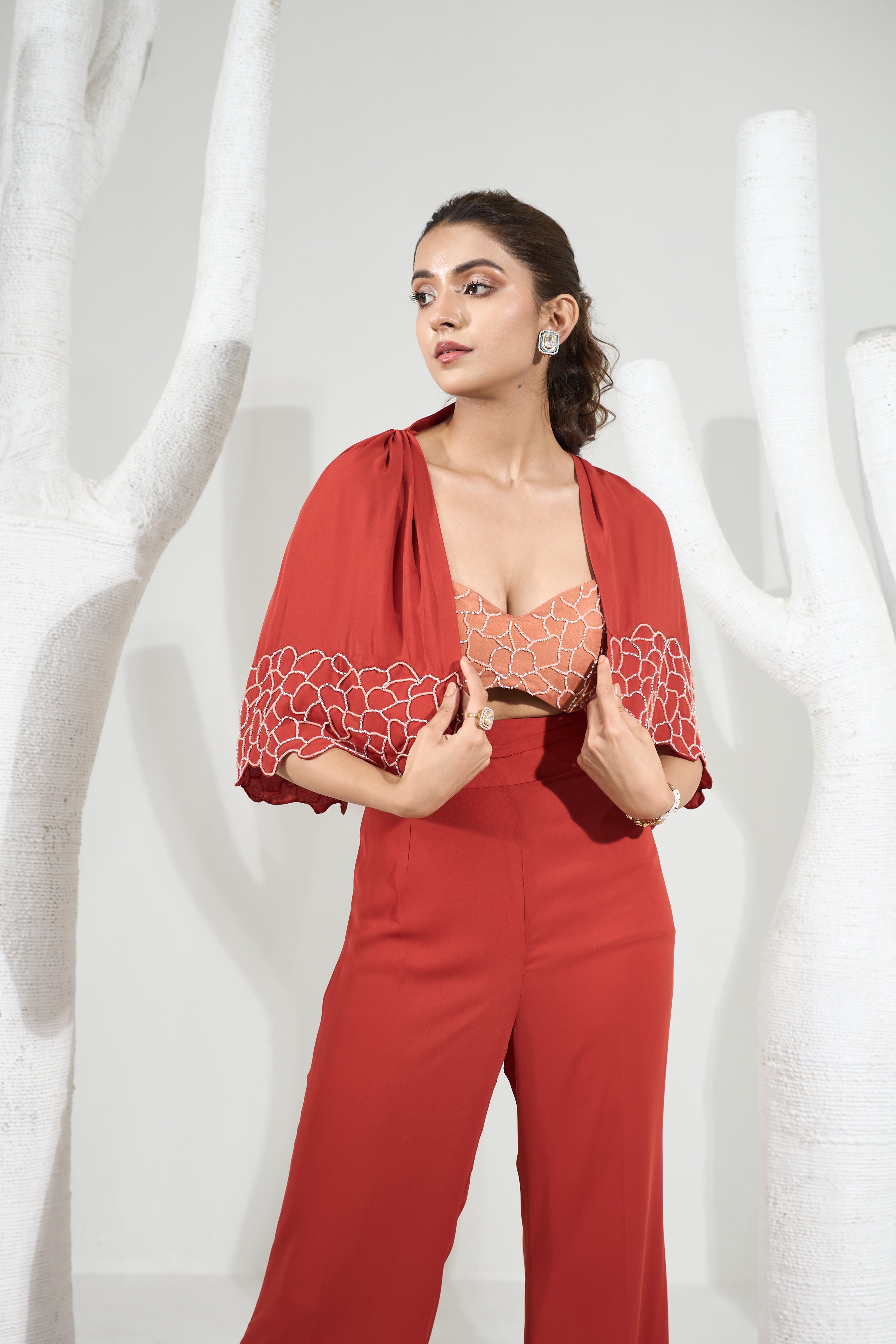 Rust Orange Pants Set With Short Cape