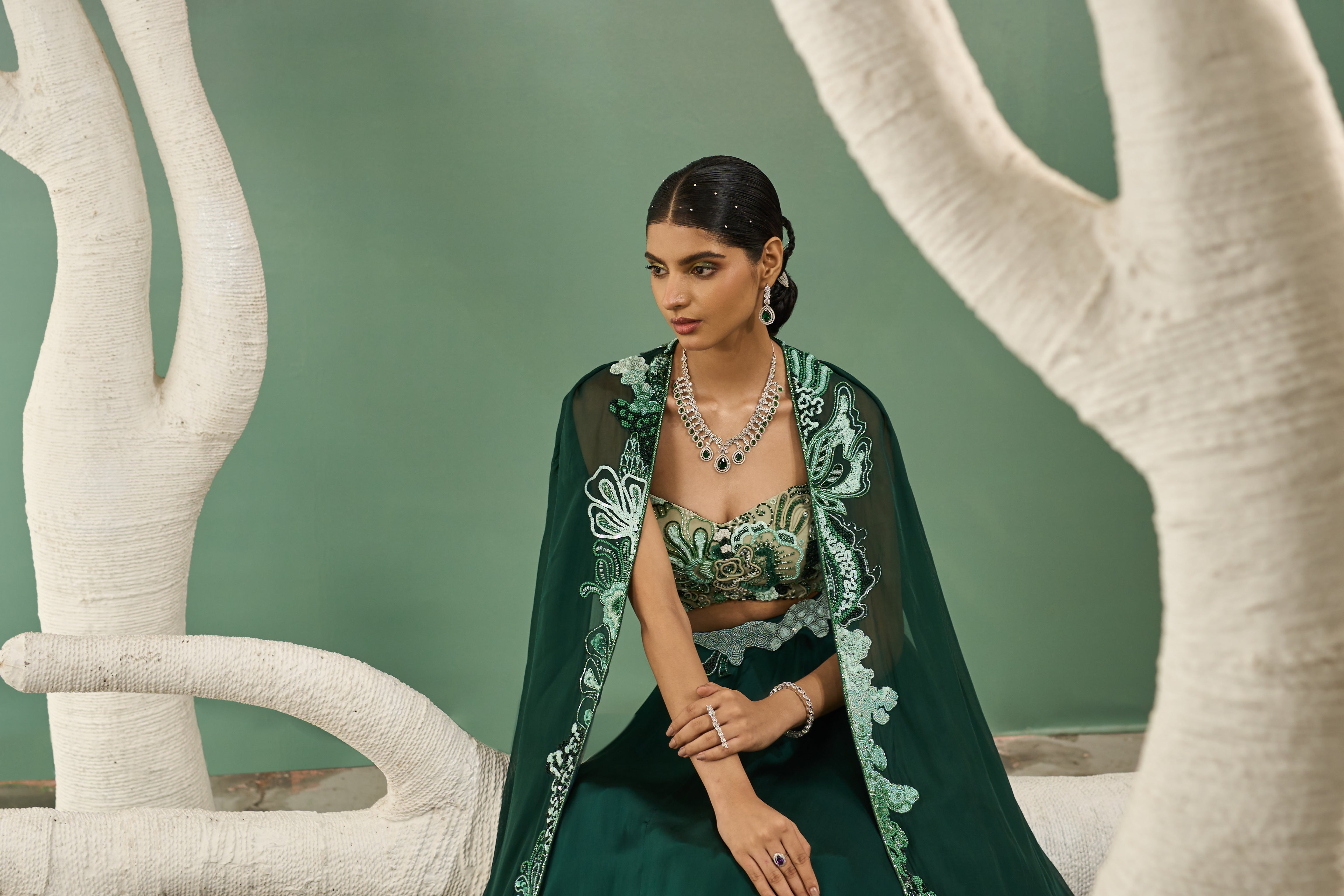 Mint & Dark Green Applique Lehenga
