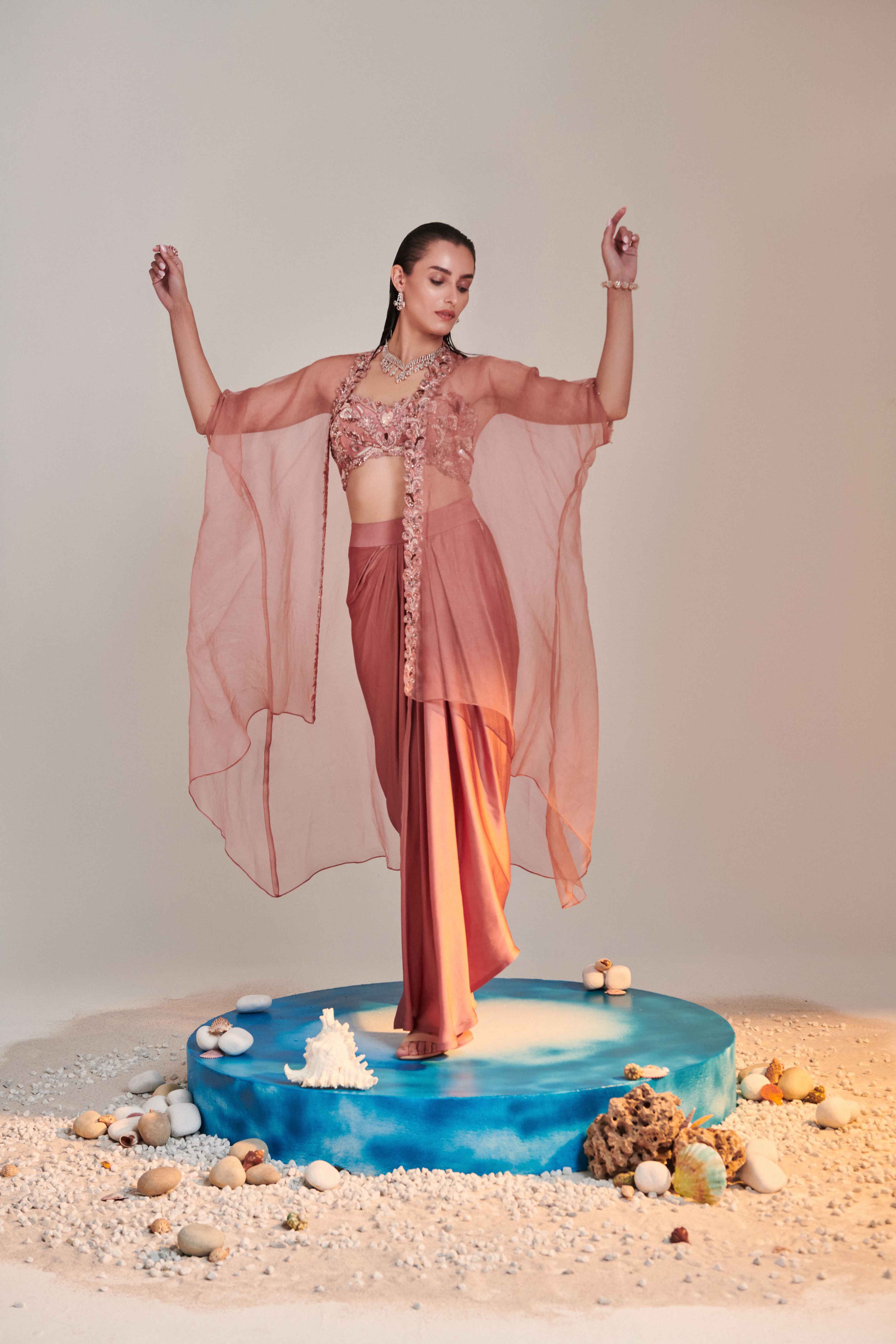 Salmon Pink Pure Organza Cape