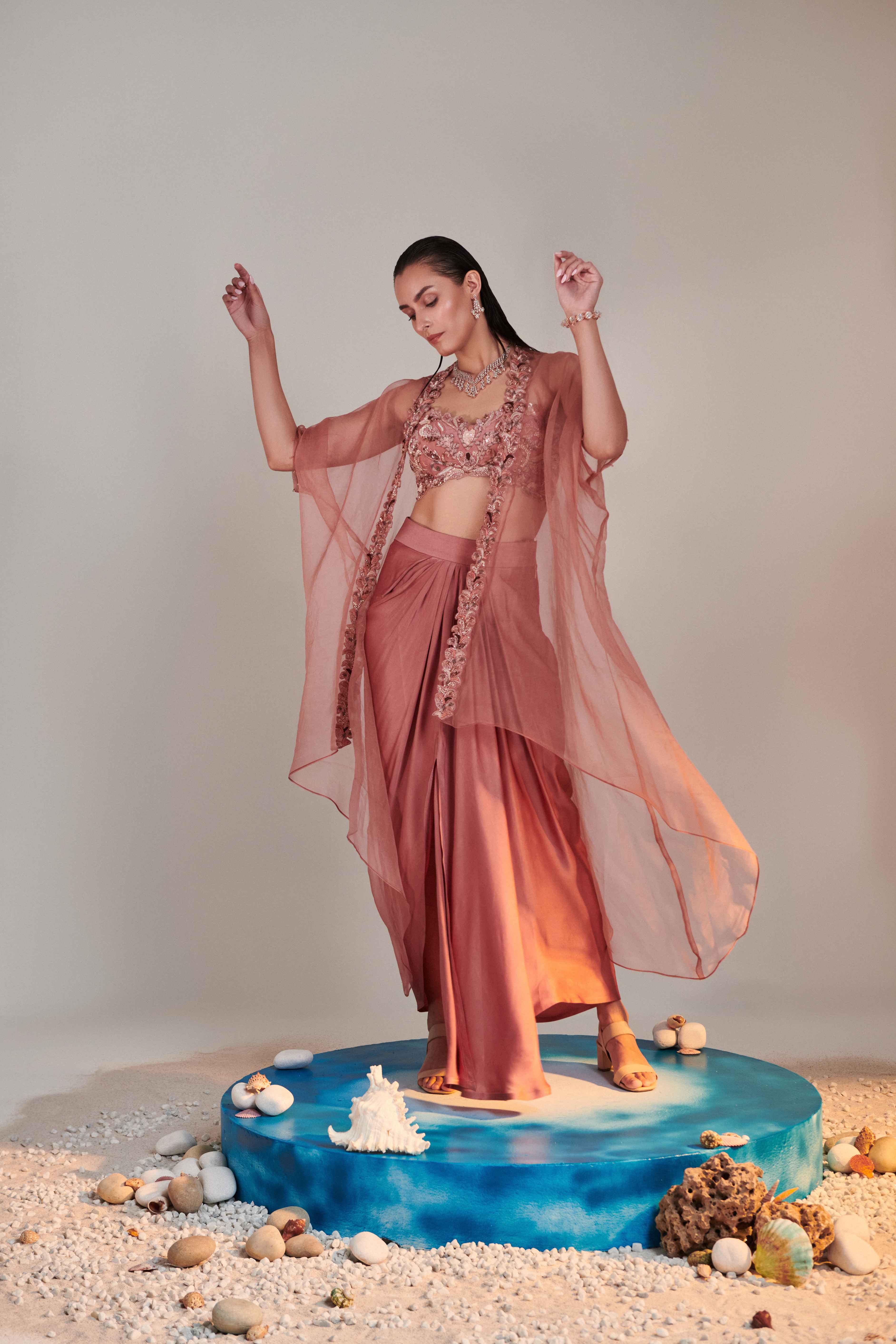 Salmon Pink Pure Organza Cape