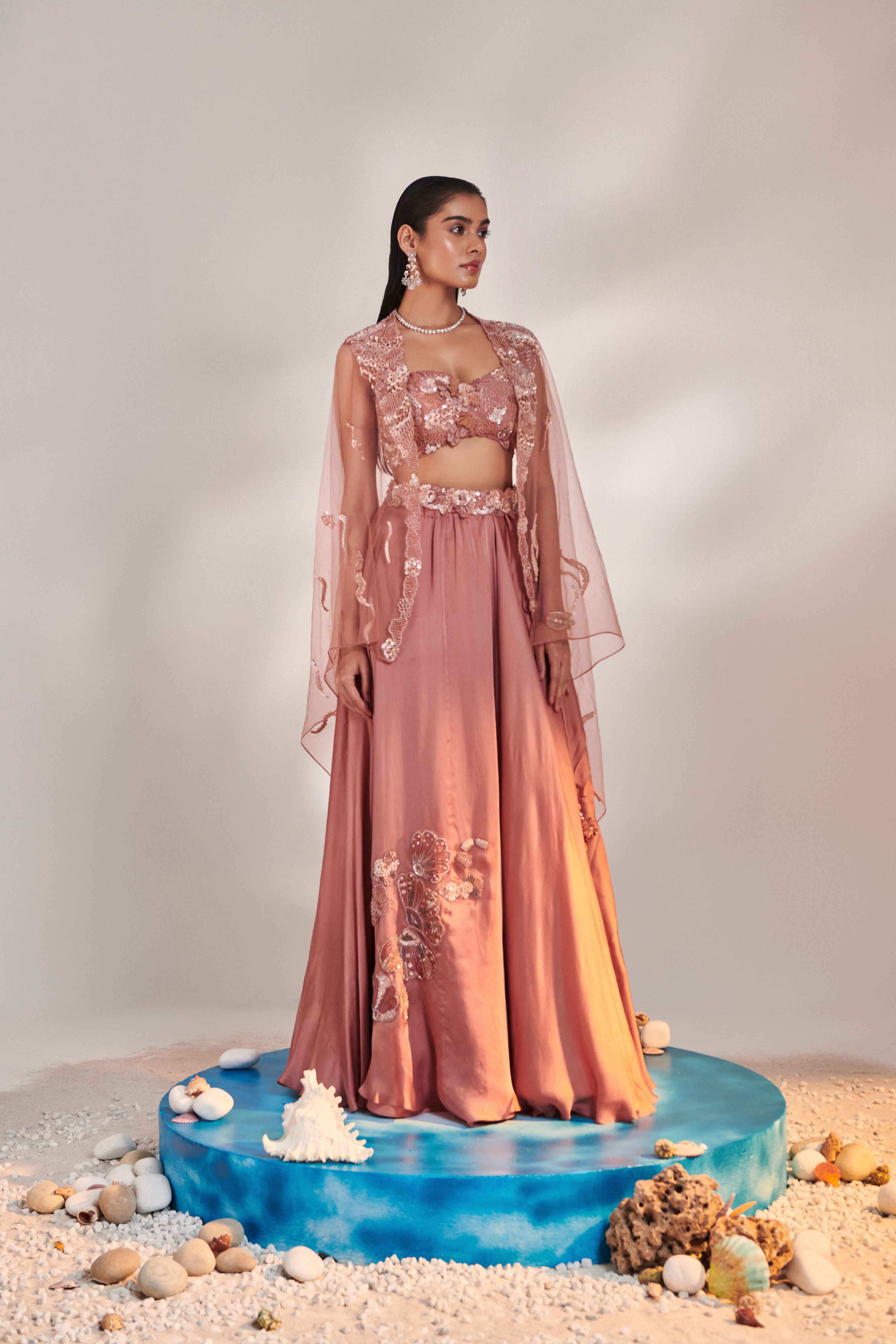 Salmon Pink Cutwork Blouse Applique Lehenga