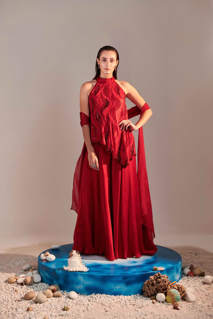 Scarlet Red Cutwork Asymmetric Tunic Sharara set