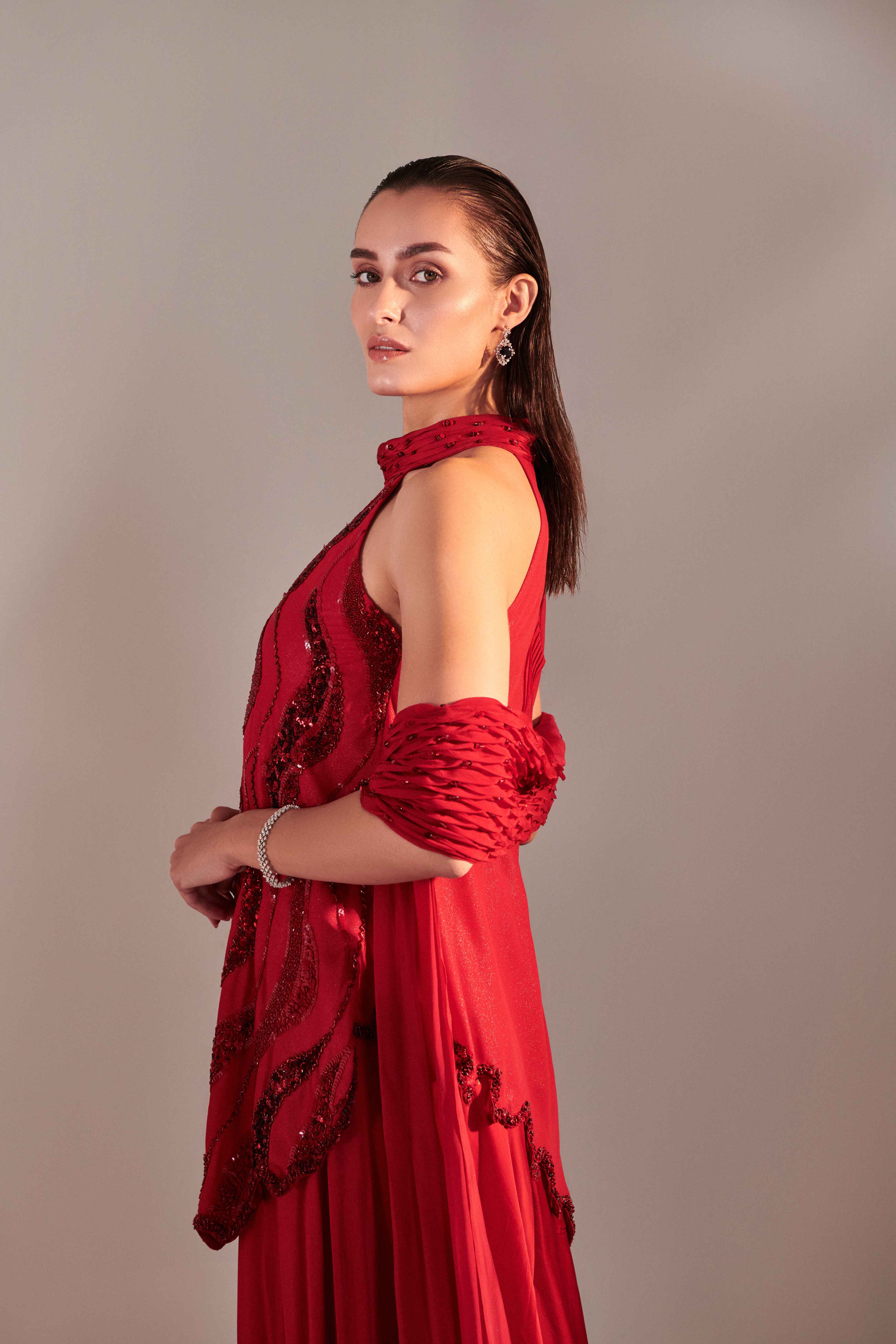 Scarlet Red Cutwork Asymmetric Tunic Sharara set