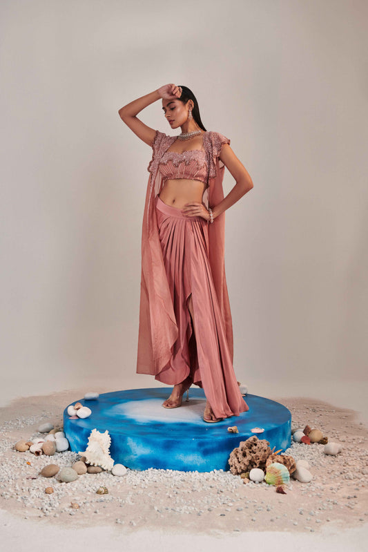 Salmon Pink Hawl Collar Cutwork  Cape