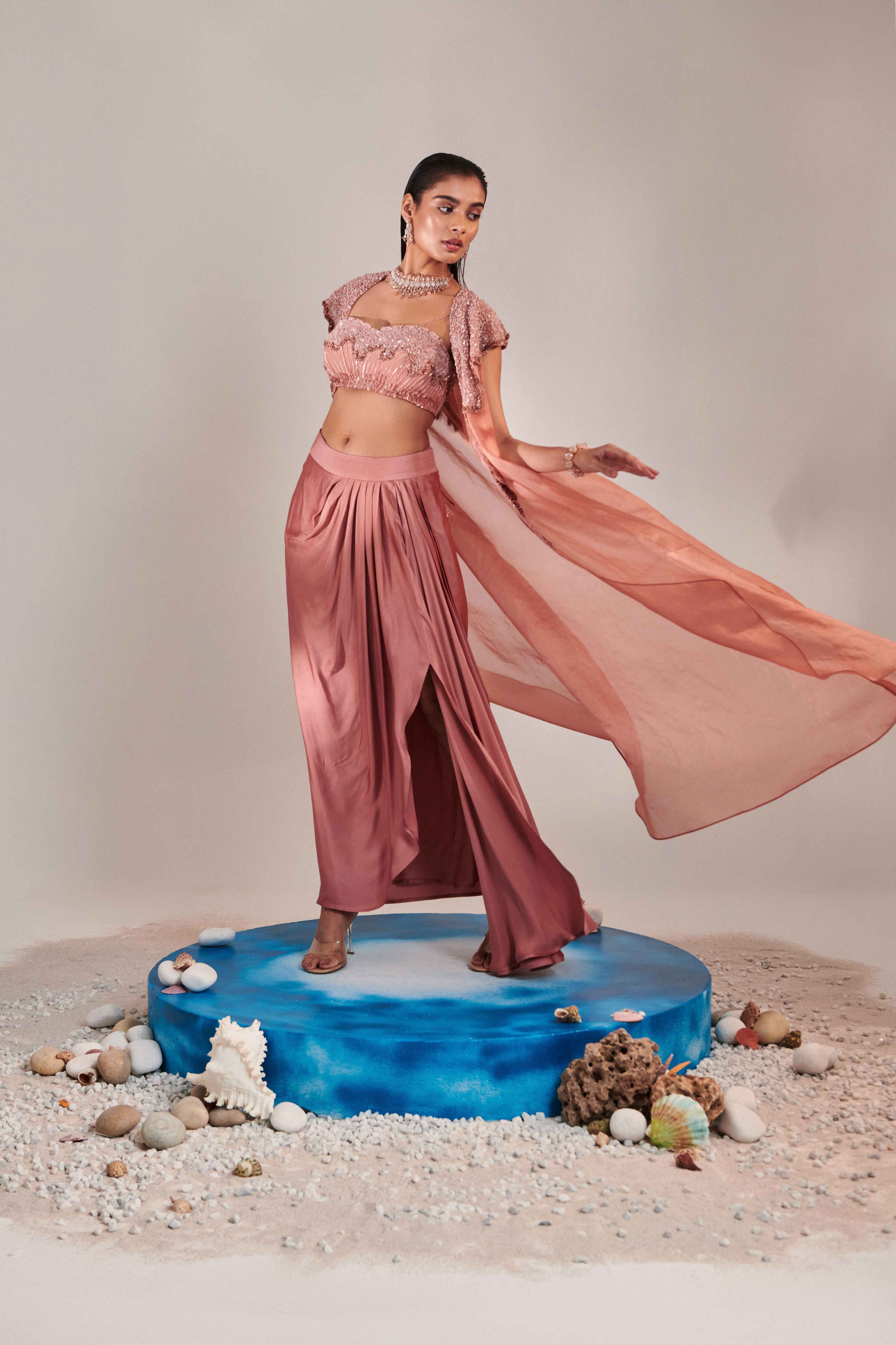 Salmon Pink Hawl Collar Cutwork  Cape