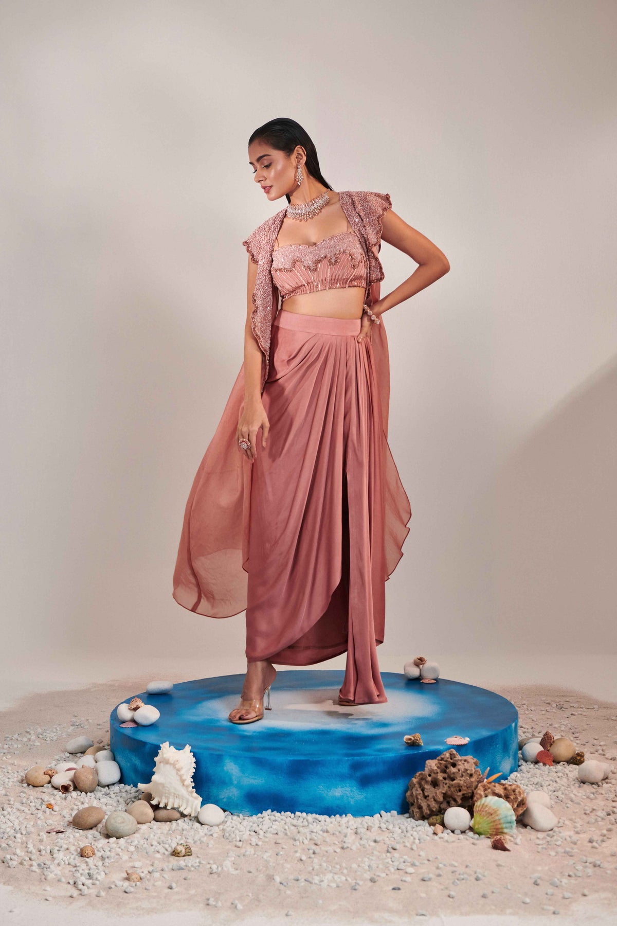 Salmon Pink Hawl Collar Cutwork  Cape