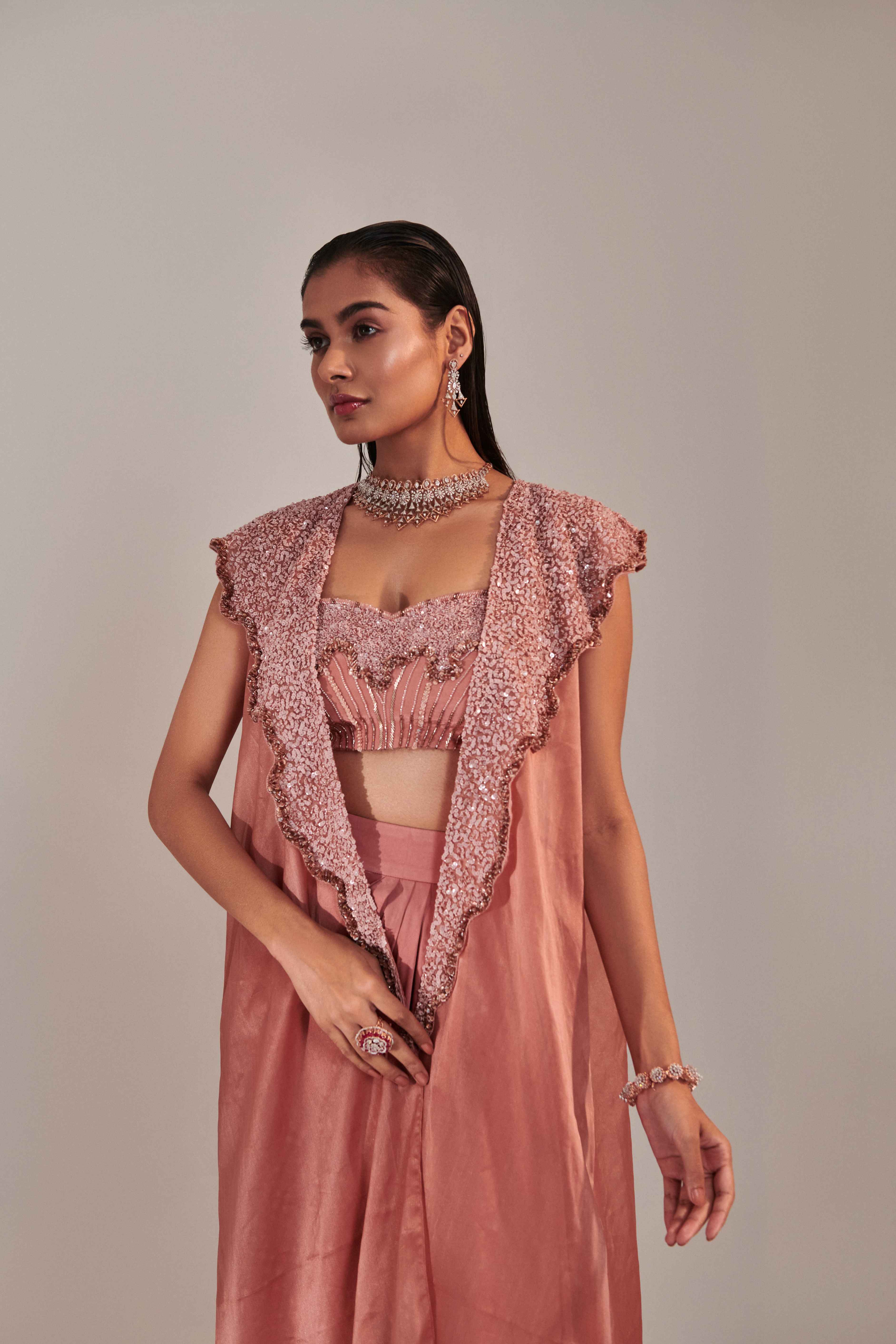Salmon Pink Hawl Collar Cutwork  Cape