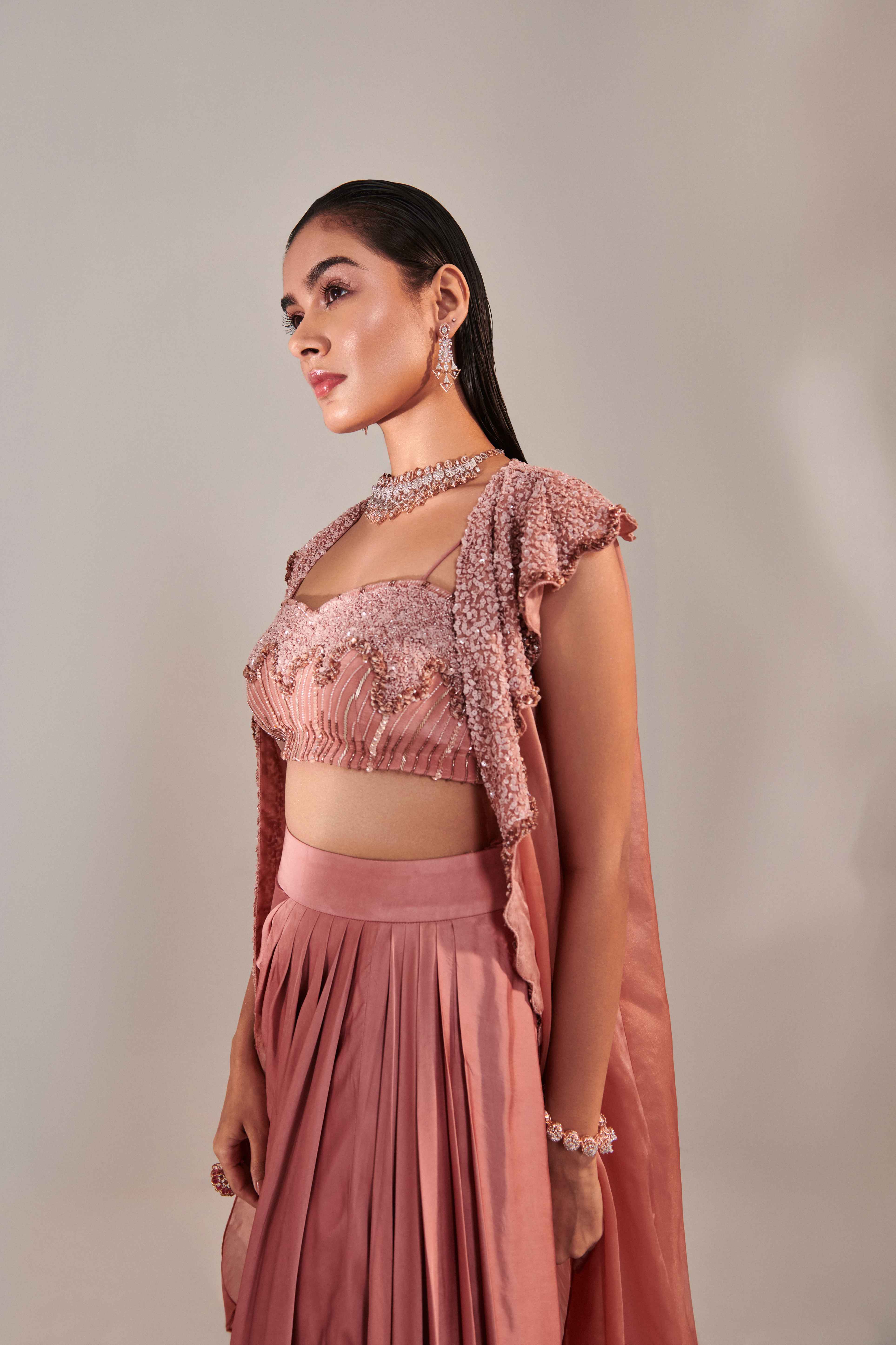 Salmon Pink Hawl Collar Cutwork  Cape