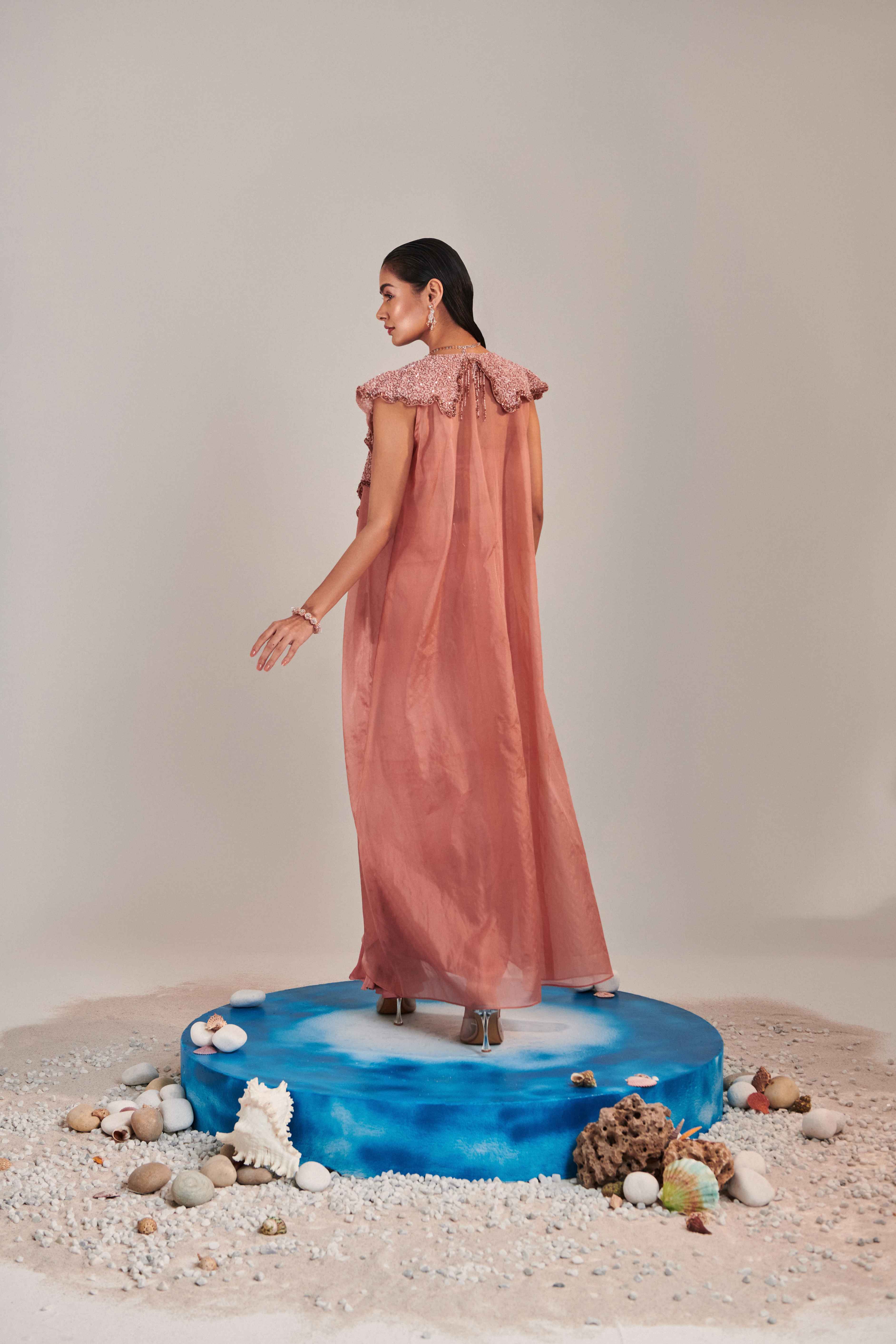 Salmon Pink Hawl Collar Cutwork  Cape