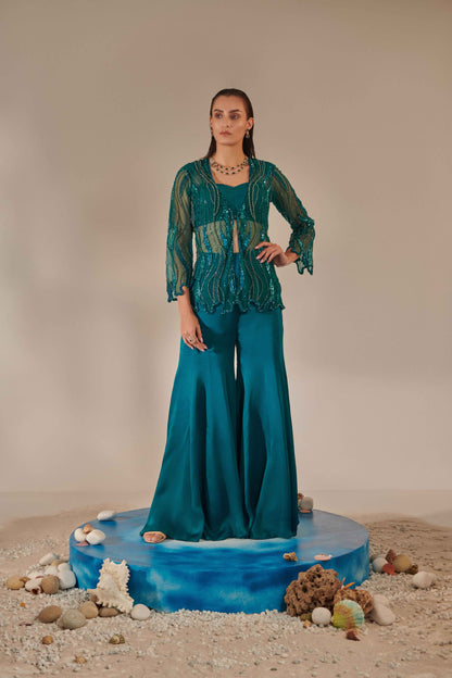 Teal Cutwork Tulle Jacket, Kalidar Sharara