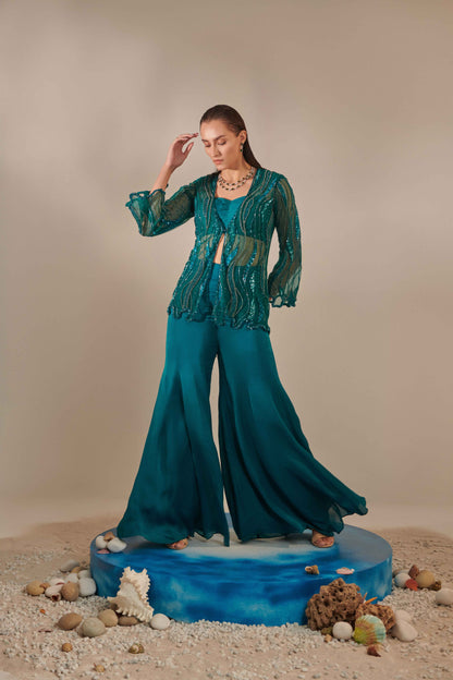 Teal Cutwork Tulle Jacket, Kalidar Sharara