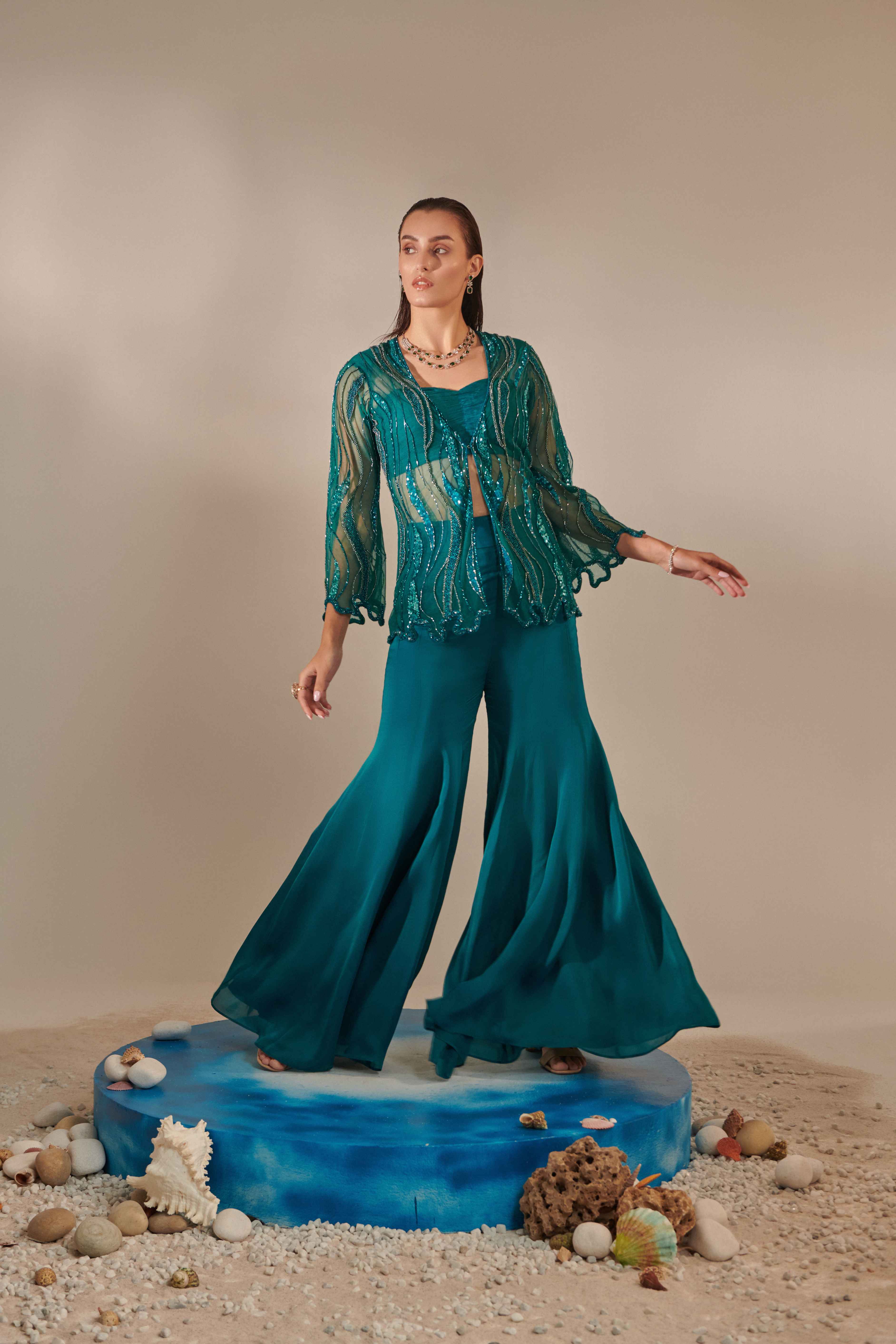 Teal Cutwork Tulle Jacket, Kalidar Sharara