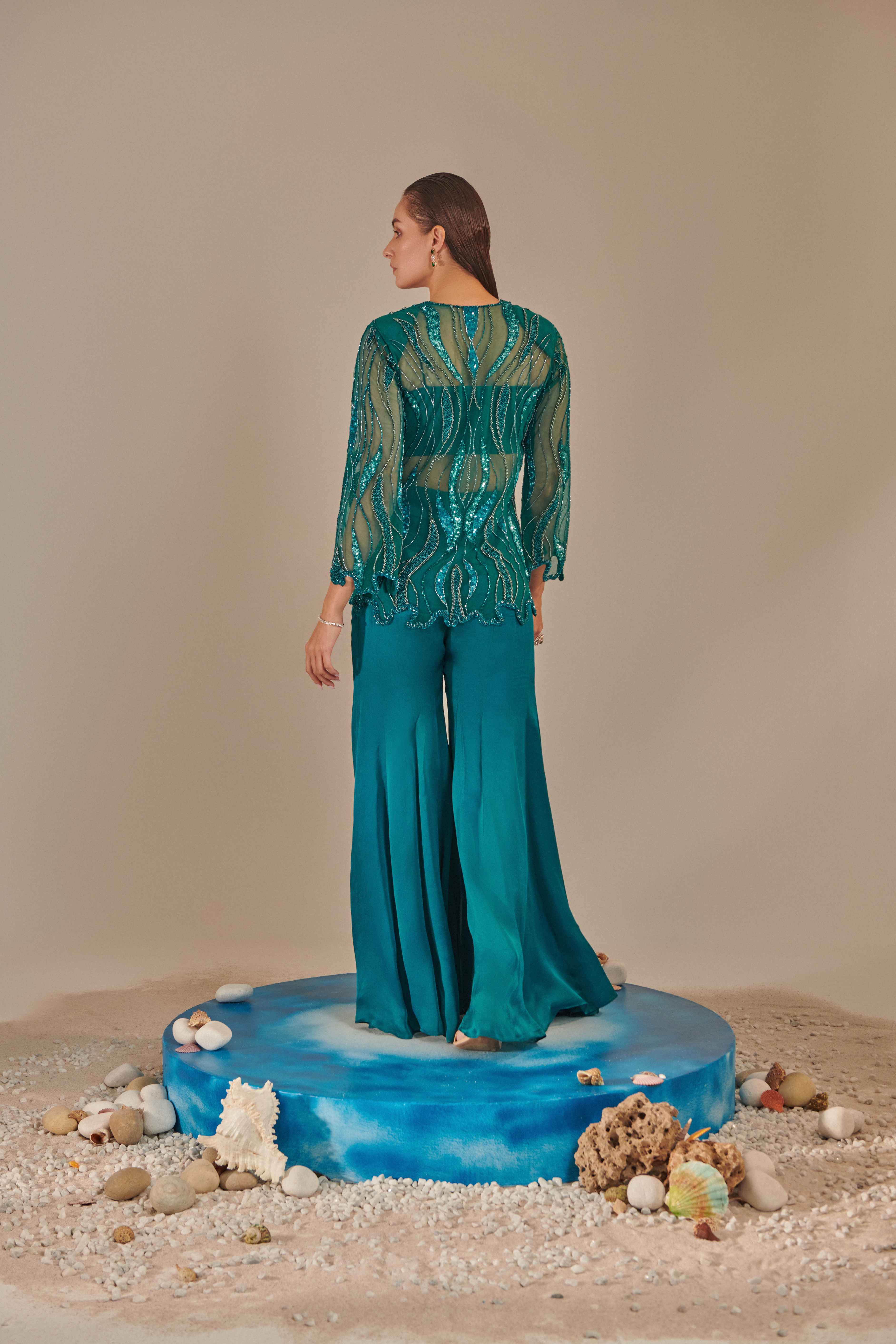 Teal Cutwork Tulle Jacket, Kalidar Sharara