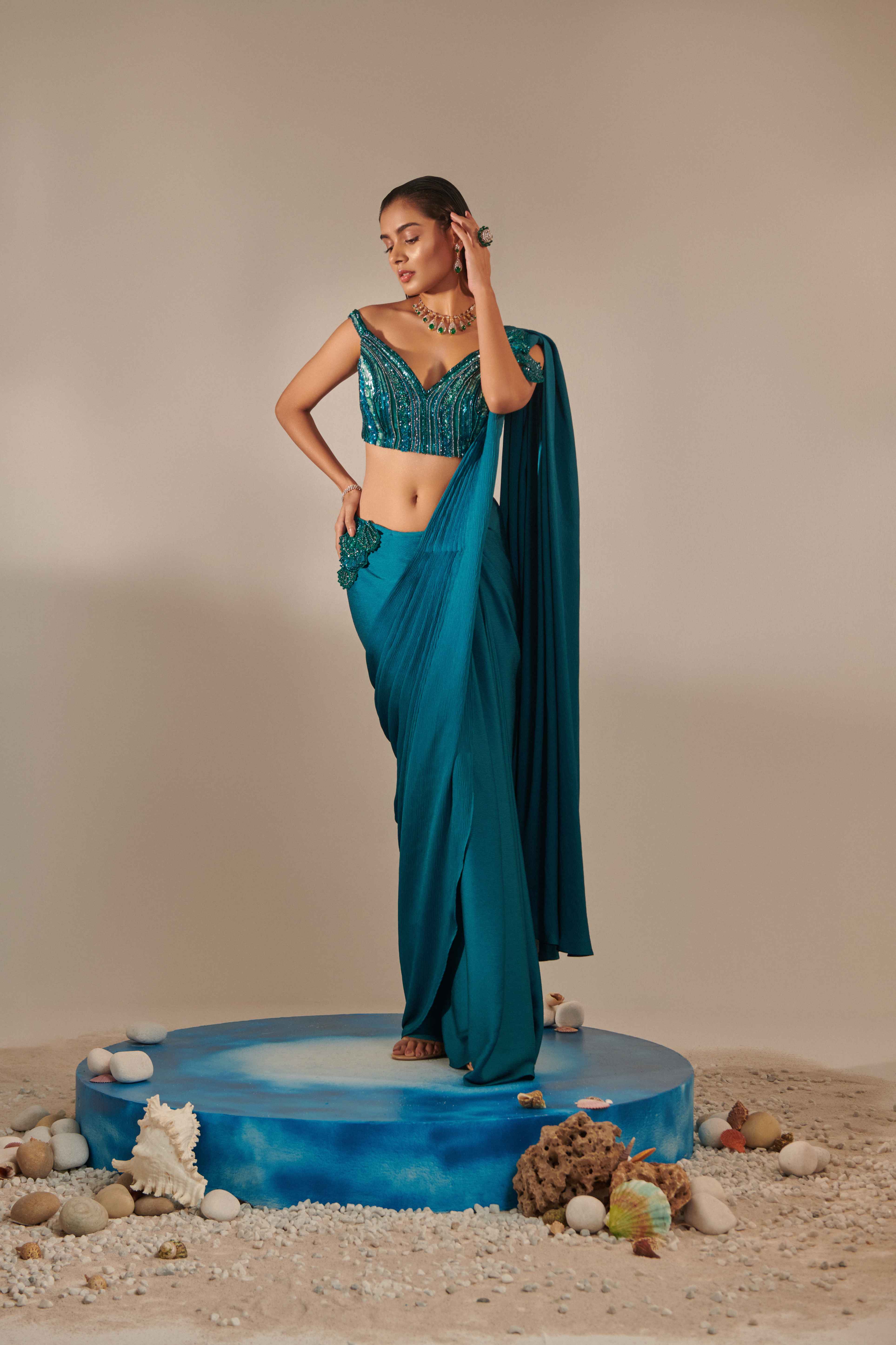 Teal Off Shoulder Pre-stitch Drape Saree Set