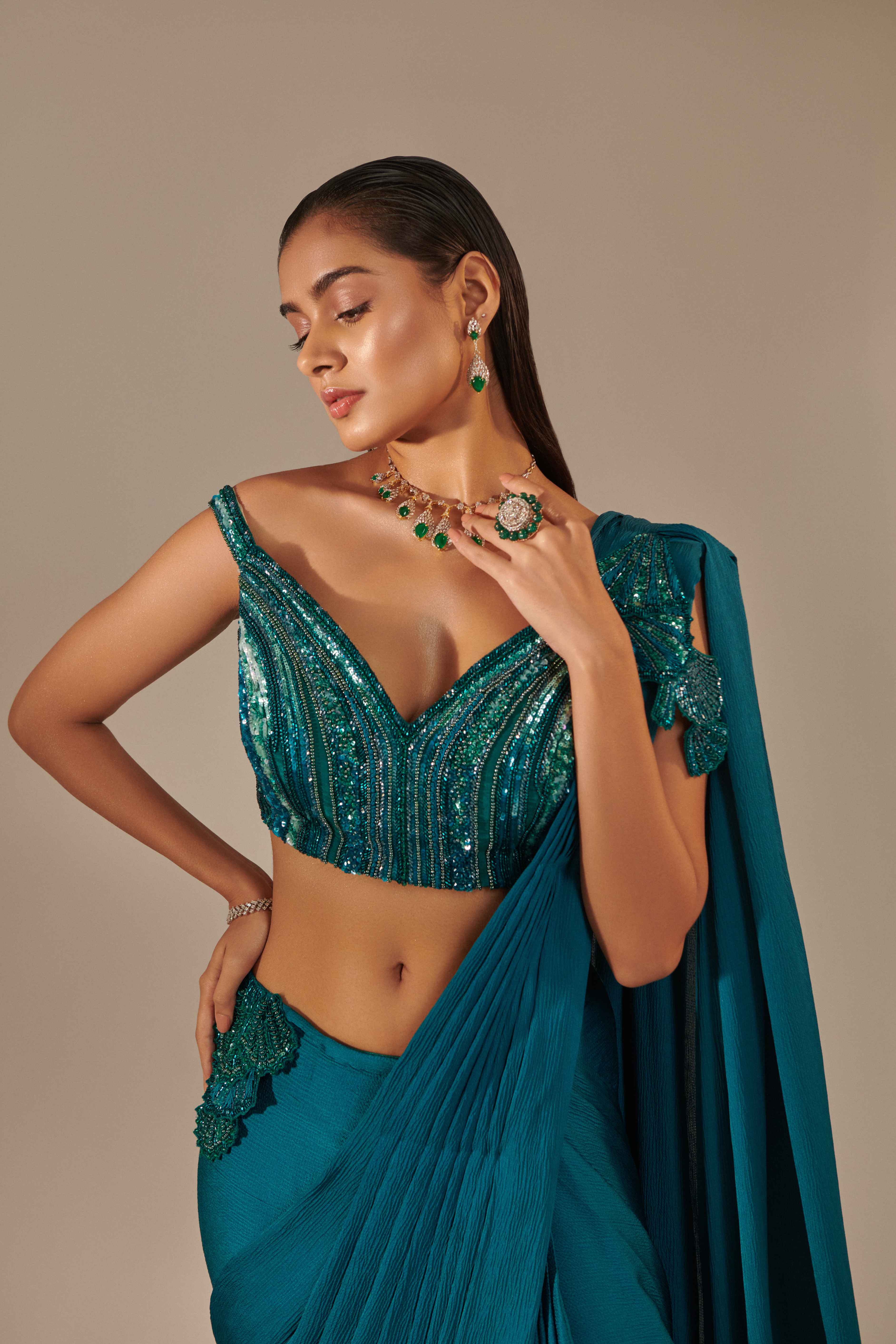 Teal Off Shoulder Pre-stitch Drape Saree Set